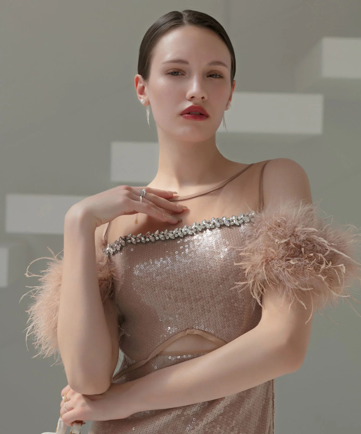 【LEJA LUXE】2WAYファースリーブスパンコールマーメイドドレス