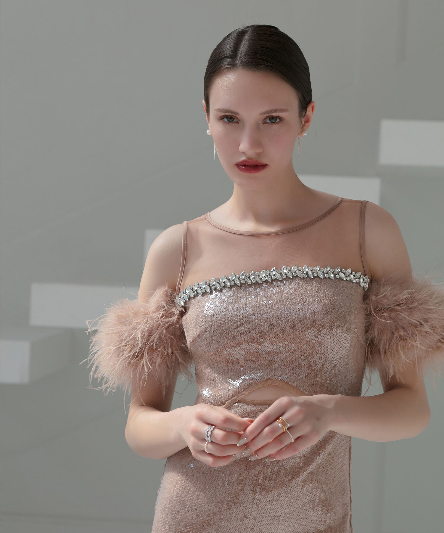 【LEJA LUXE】2WAYファースリーブスパンコールマーメイドドレス