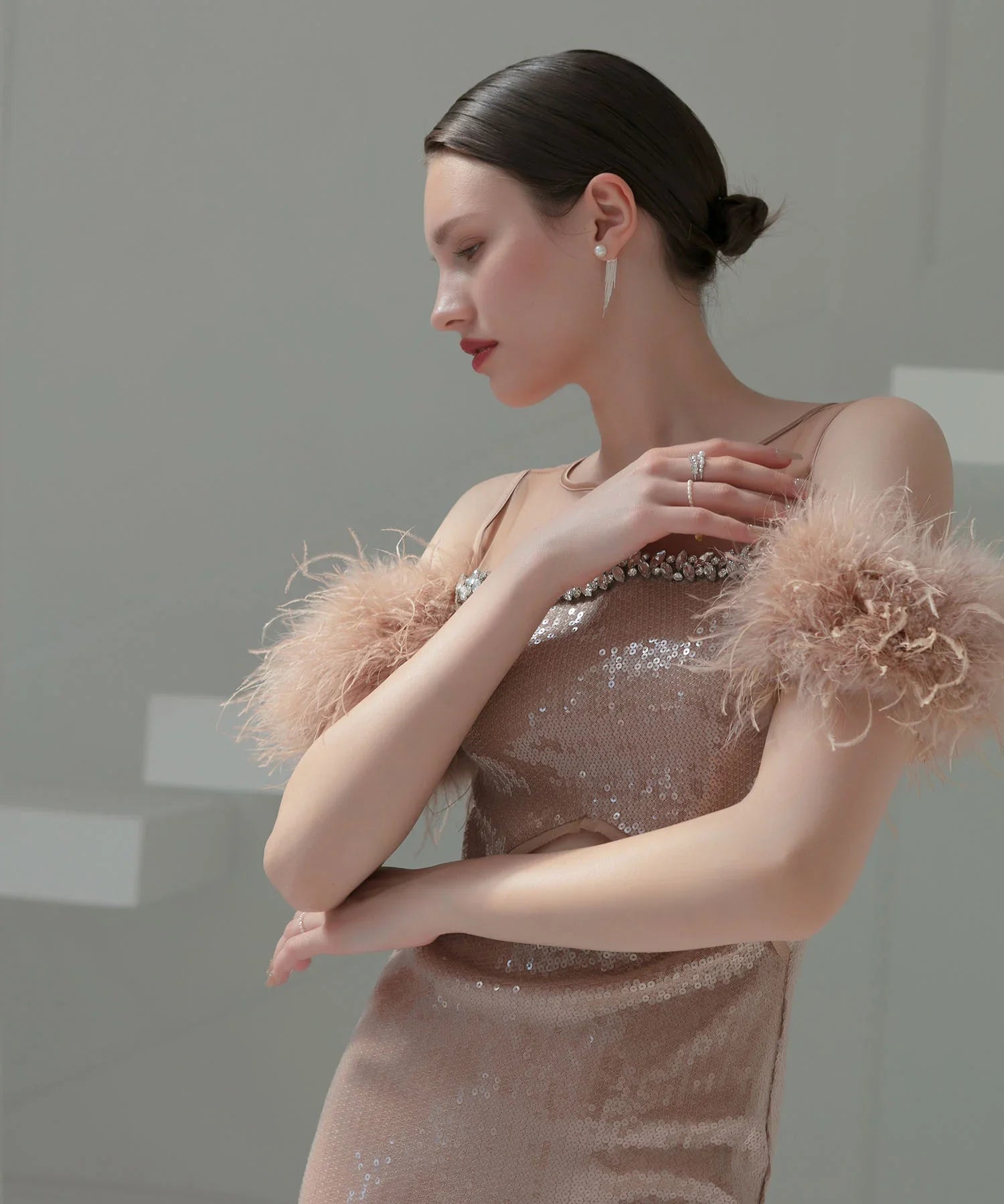 【LEJA LUXE】2WAYファースリーブスパンコールマーメイドドレス