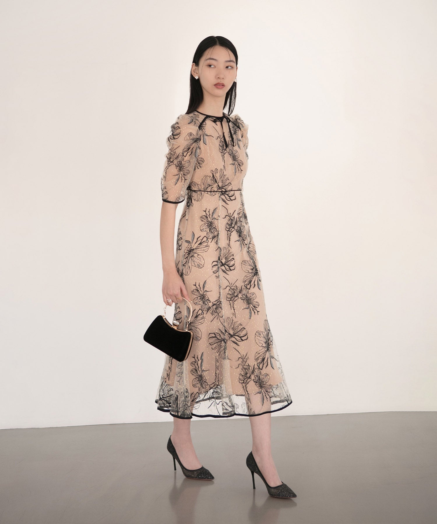 【当日発送】花柄リボンパフスリーブマーメイドワンピースドレス