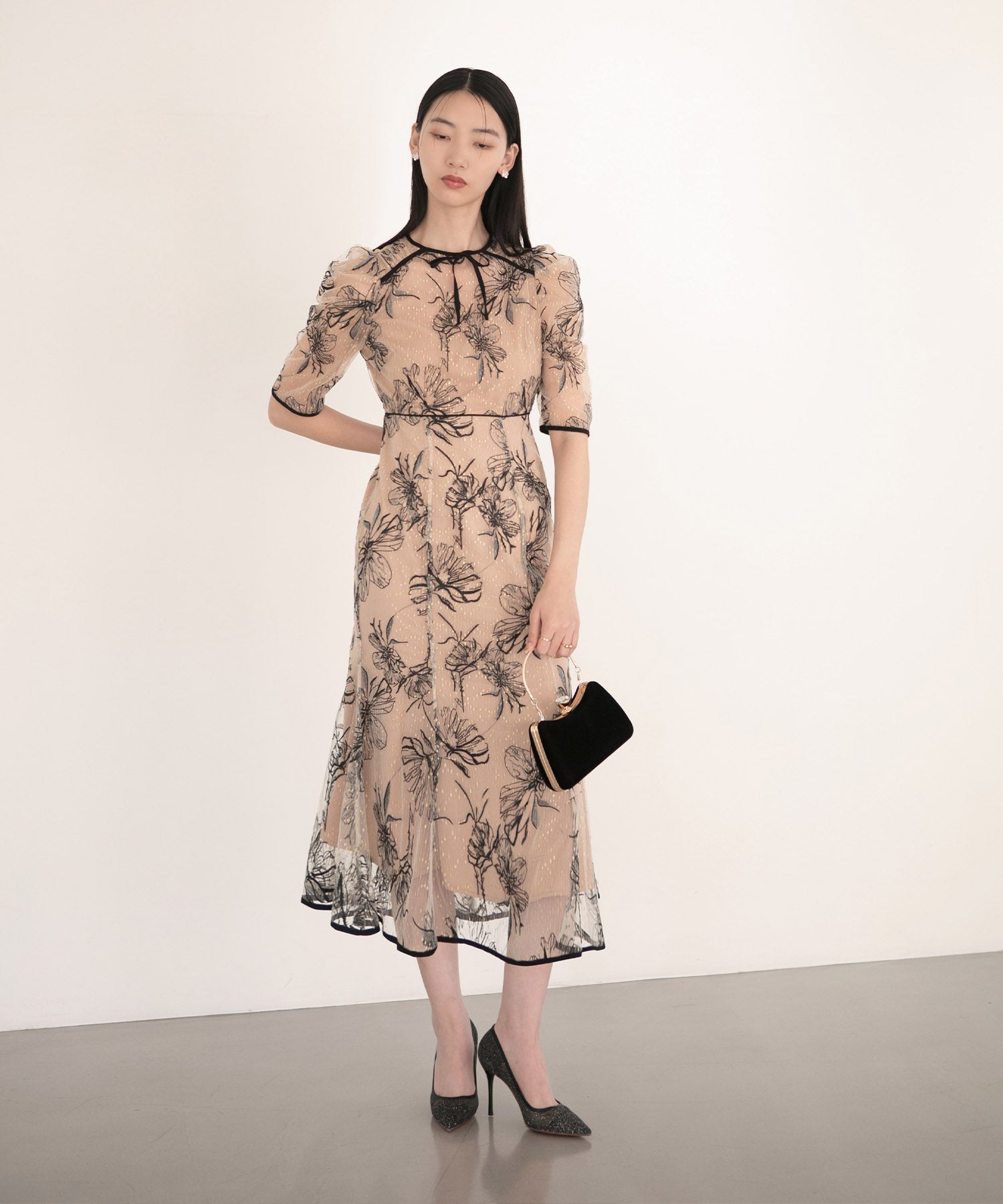 【当日発送】花柄リボンパフスリーブマーメイドワンピースドレス