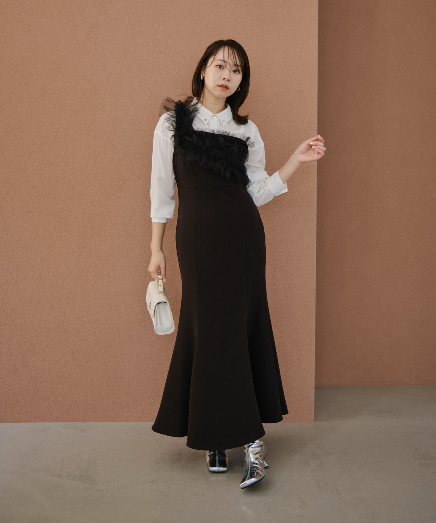 【当日発送】フラワーモチーフアシンメトリーチュールマーメイドワンピースドレス