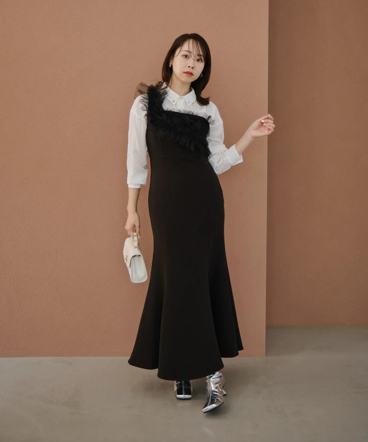 【当日発送】フラワーモチーフアシンメトリーチュールマーメイドワンピースドレス