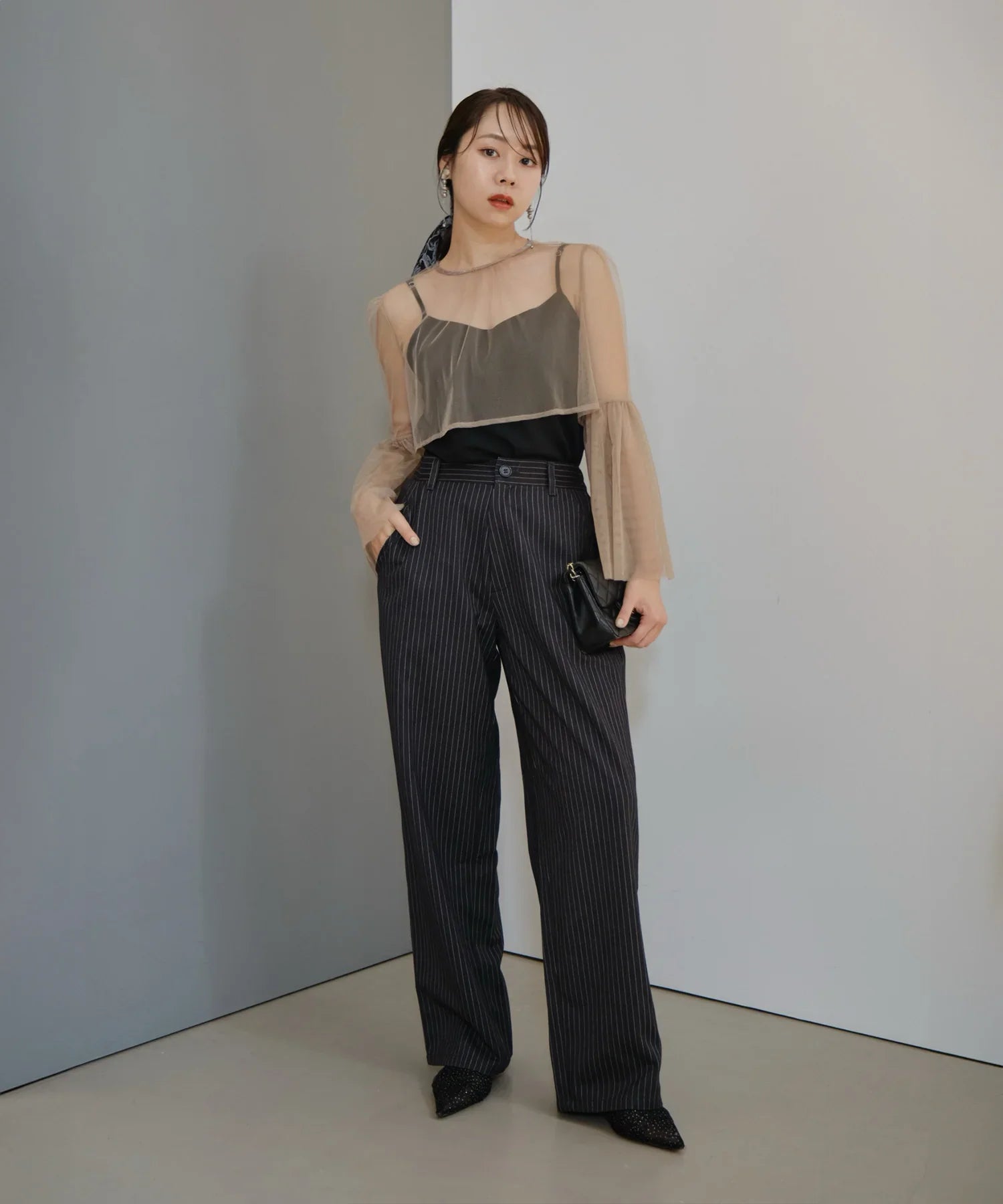 【一部当日発送】シアーチュールベルスリーブペイントIラインワンピースドレス