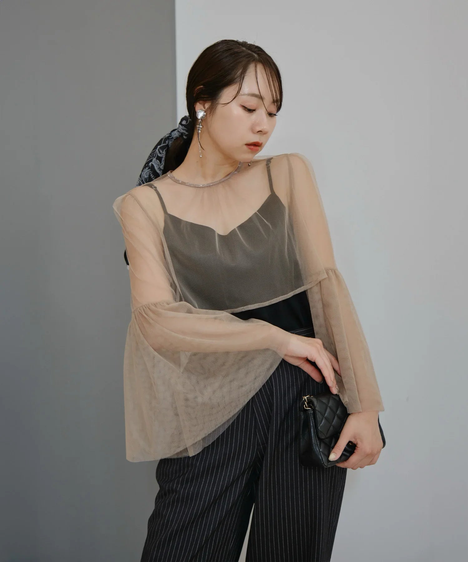 【一部当日発送】シアーチュールベルスリーブペイントIラインワンピースドレス