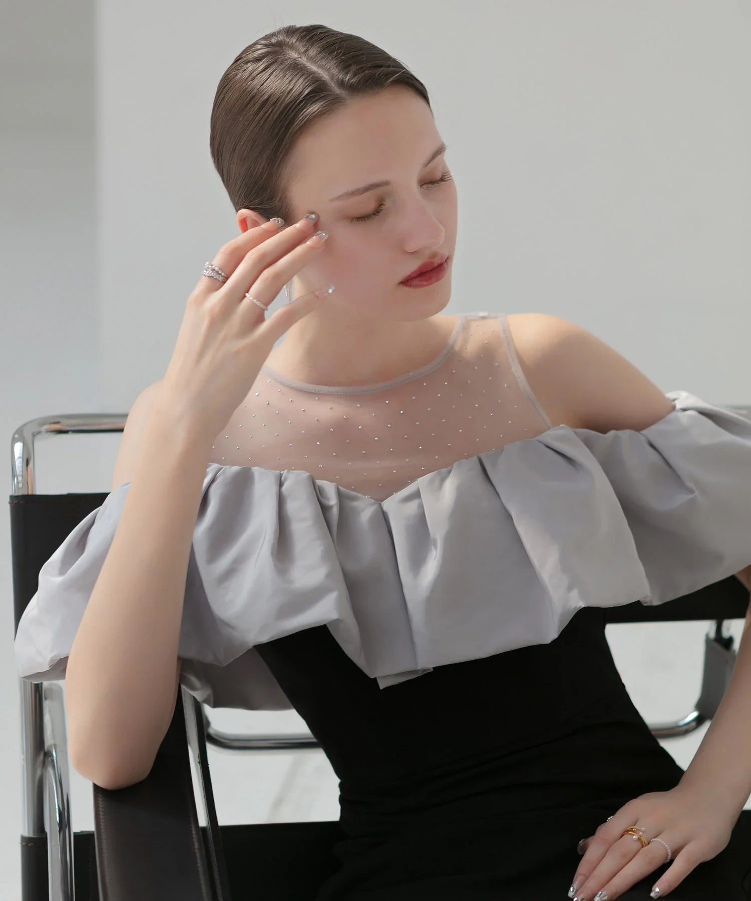 【LEJA LUXE】2WAY Stone Peplum Bustier Mermaid Dress