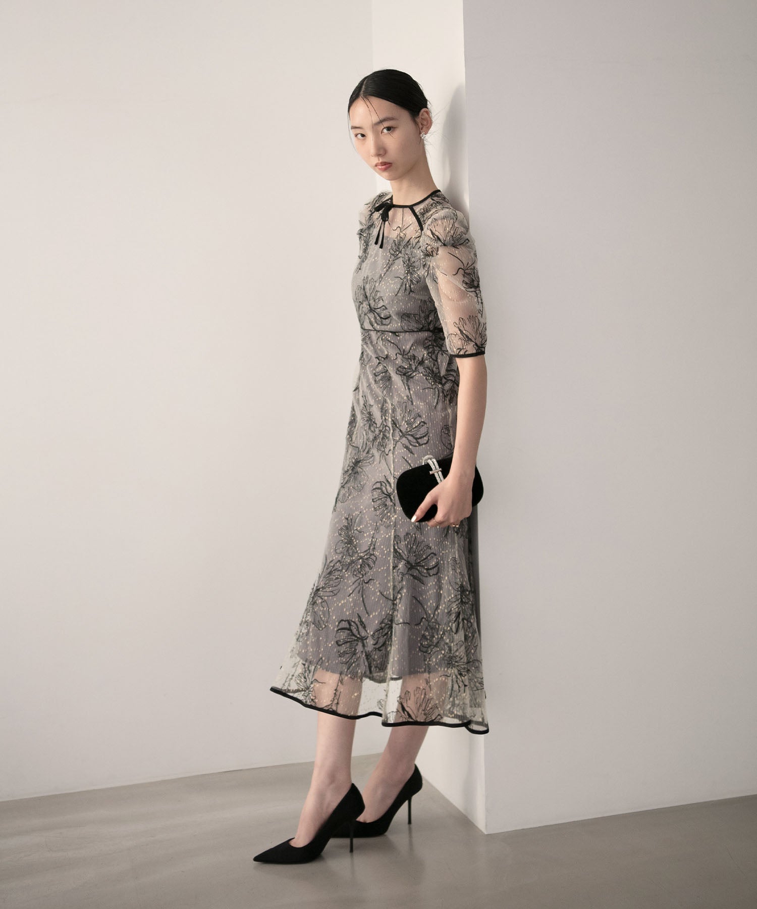 【当日発送】花柄リボンパフスリーブマーメイドワンピースドレス