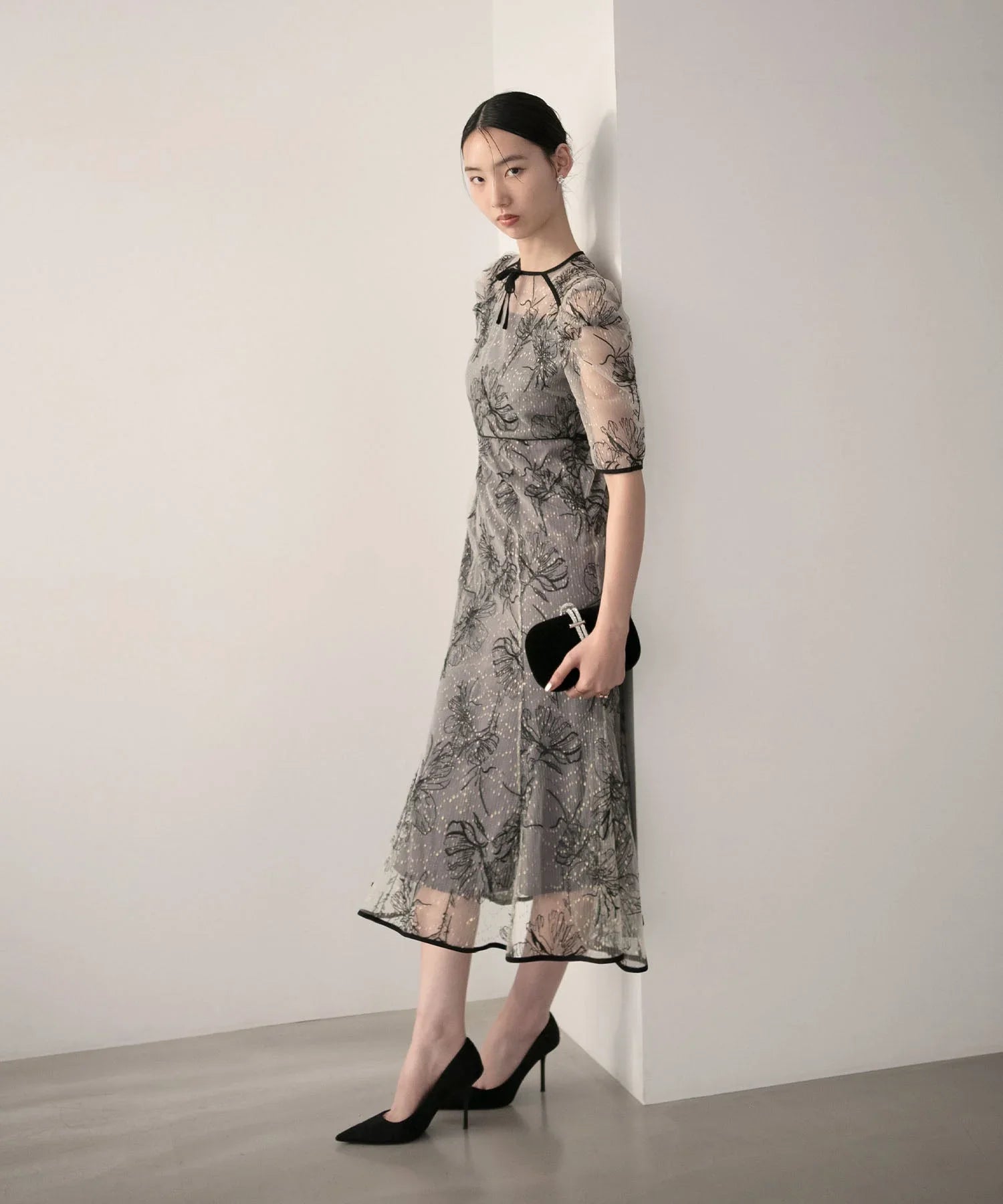 【當天出貨】碎花緞帶泡泡袖魚尾裙