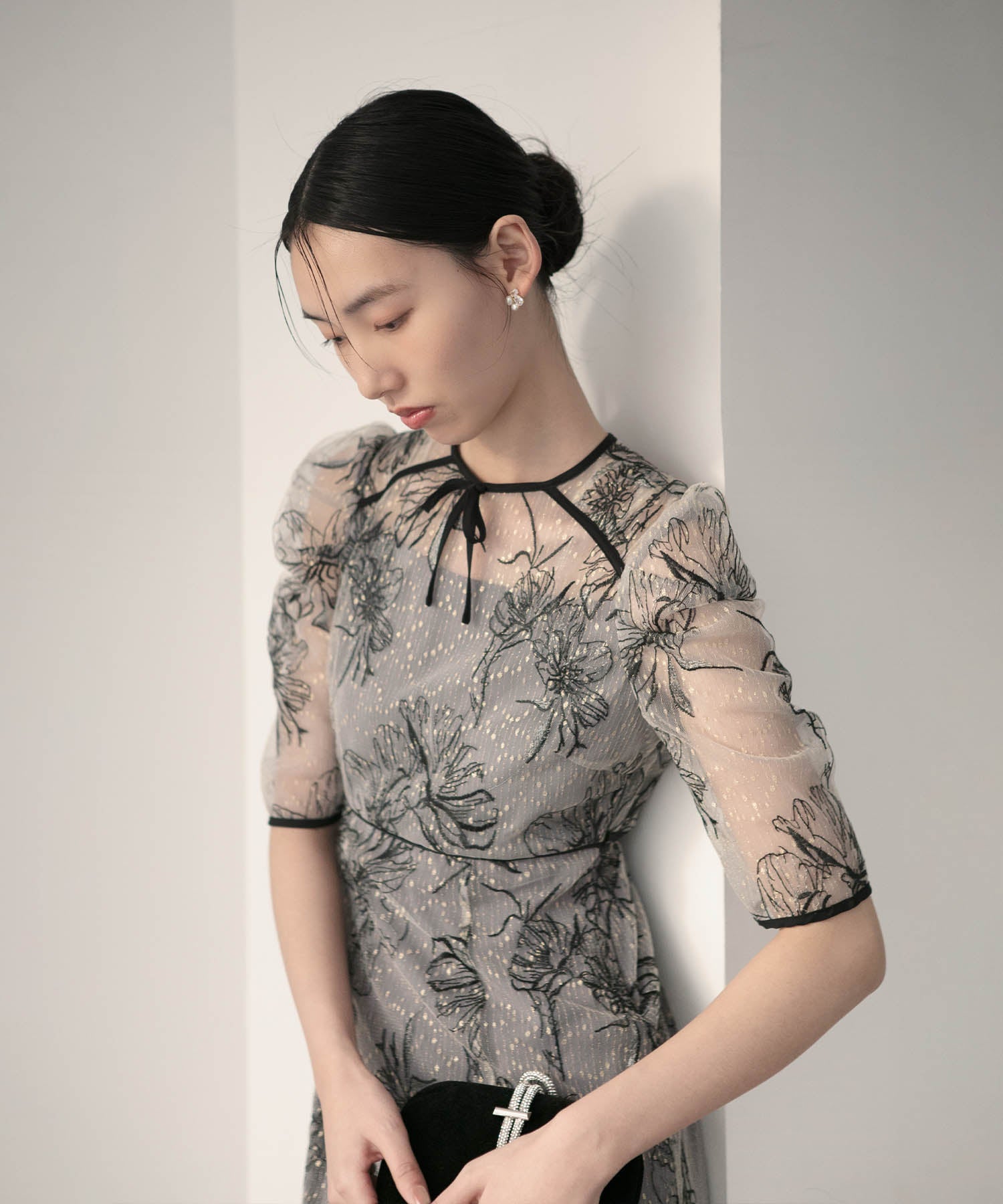 【当日発送】花柄リボンパフスリーブマーメイドワンピースドレス