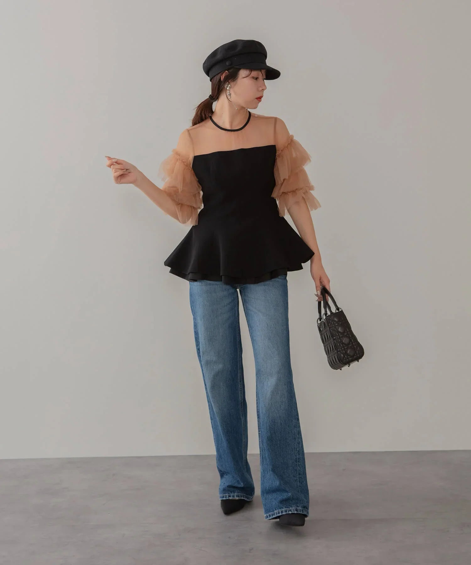 【当日発送】チュールスリーブペプラムセットアップパンツドレス