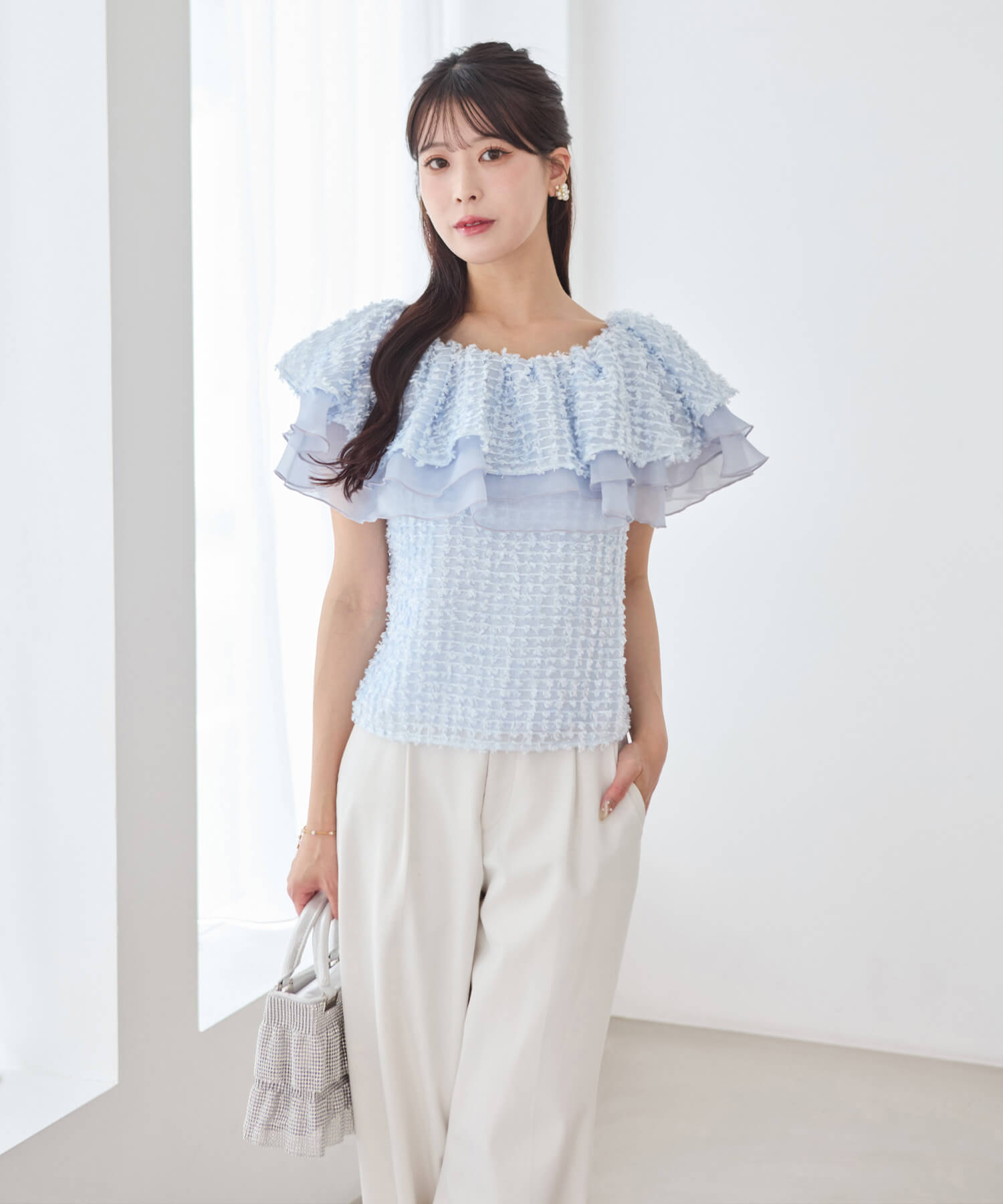 【当日発送】3WAYオフショルフリンジシアーレイヤードトップス
