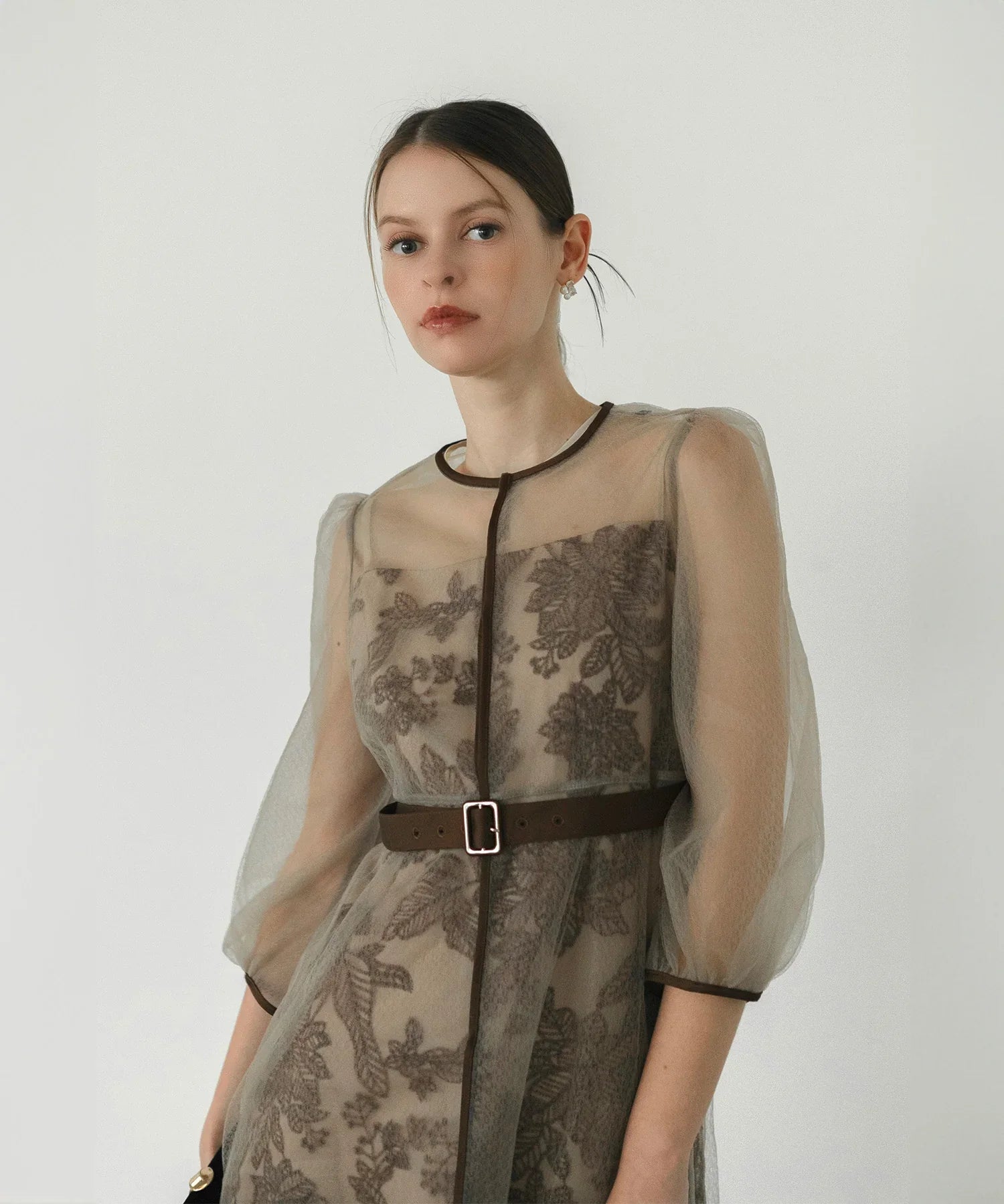 【当日発送】チュールパイピングリーフベルトAラインワンピースドレス