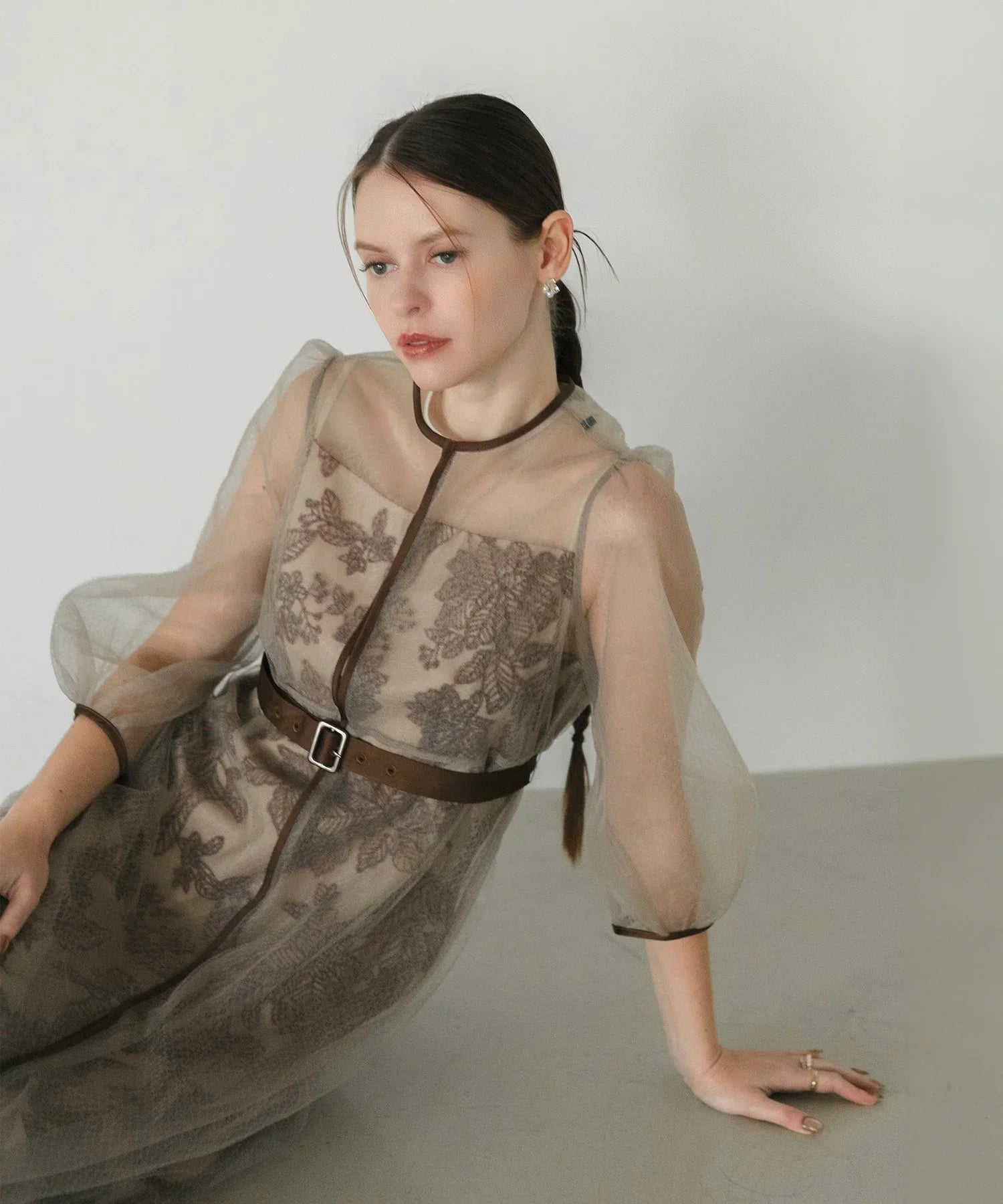 【当日発送】チュールパイピングリーフベルトAラインワンピースドレス