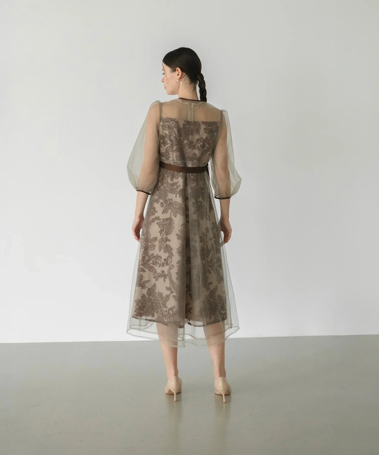 【当日発送】チュールパイピングリーフベルトAラインワンピースドレス