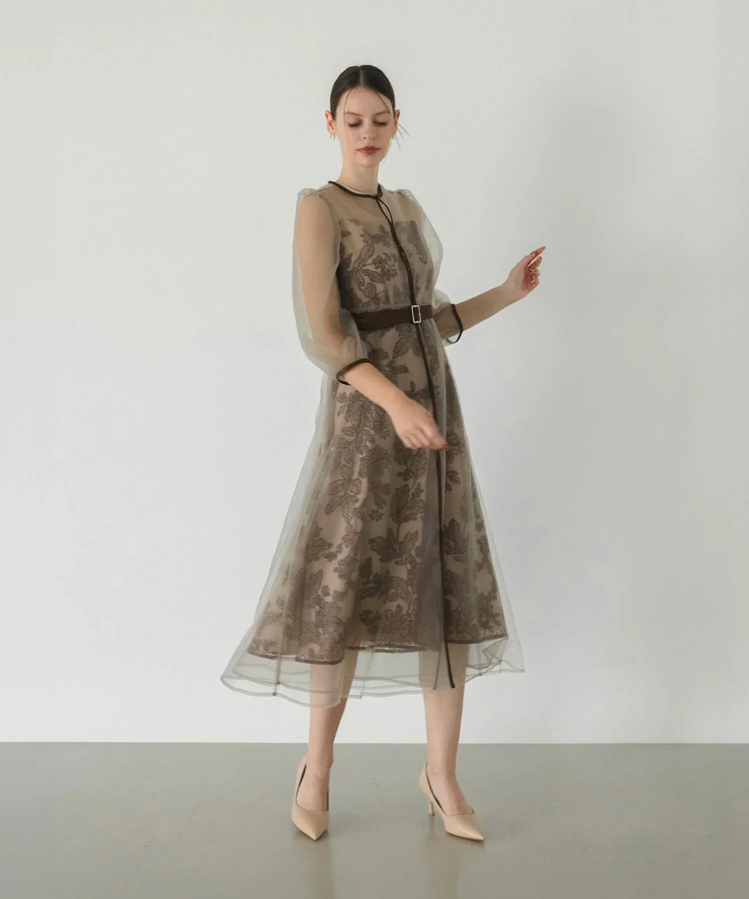 【当日発送】チュールパイピングリーフベルトAラインワンピースドレス