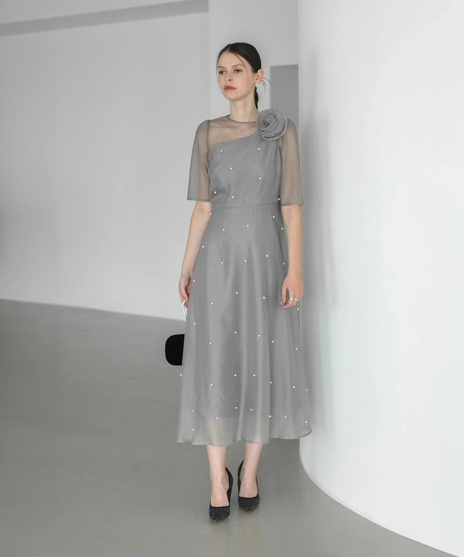 【当日発送】パールアシンメトリーローズモチーフAラインワンピースドレス