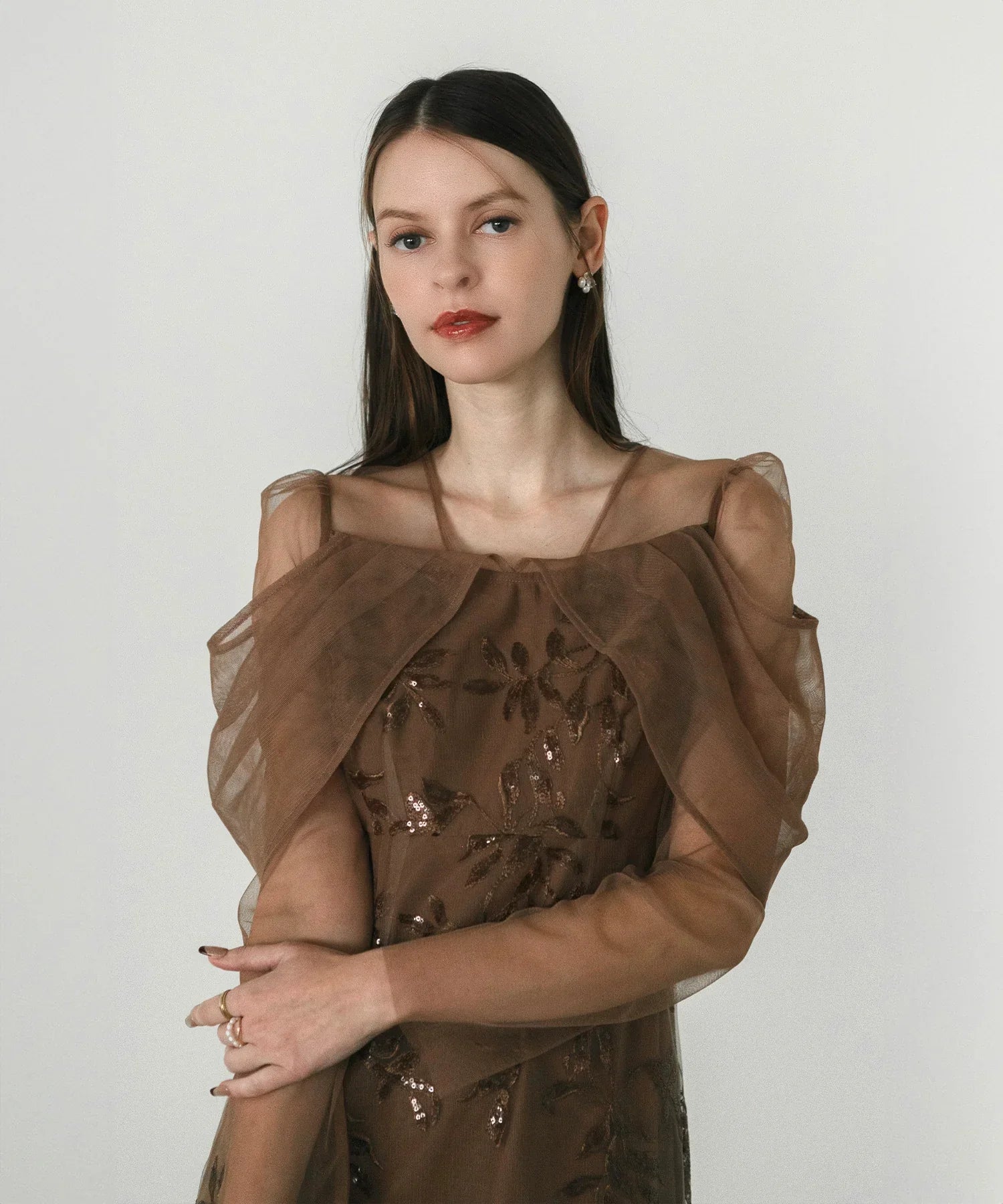 【一部当日発送】チュールロングスリーブリーフIラインワンピースドレス