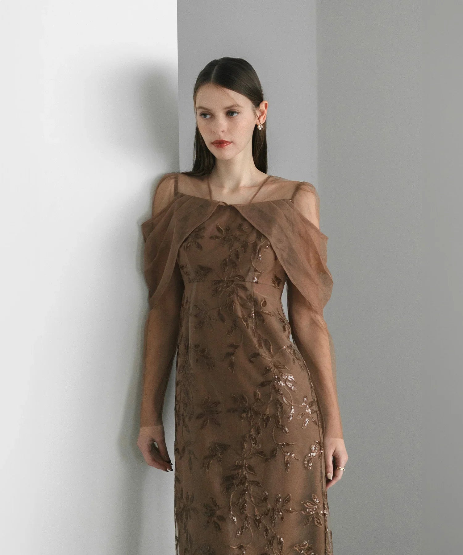 【一部当日発送】チュールロングスリーブリーフIラインワンピースドレス