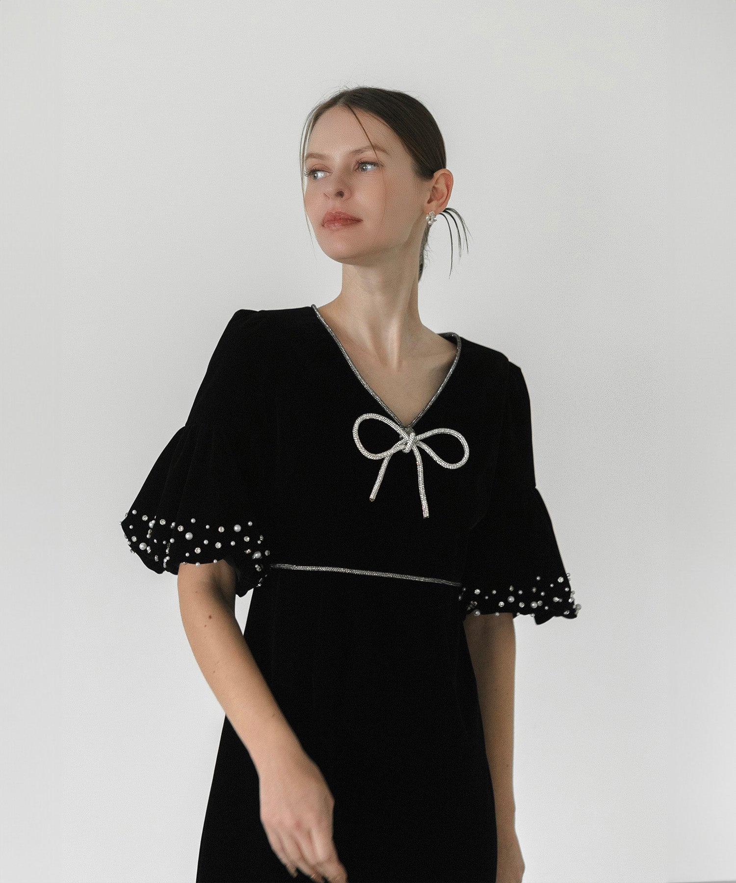 【当日発送】パールストーンリボンベロアギャザーワンピースドレス