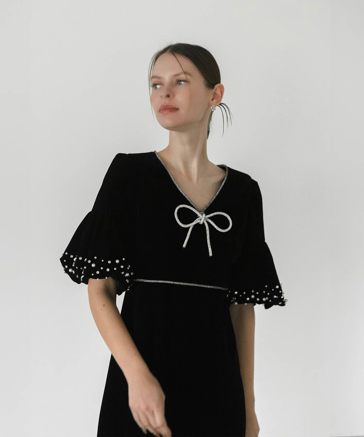 【当日発送】パールストーンリボンベロアギャザーワンピースドレス