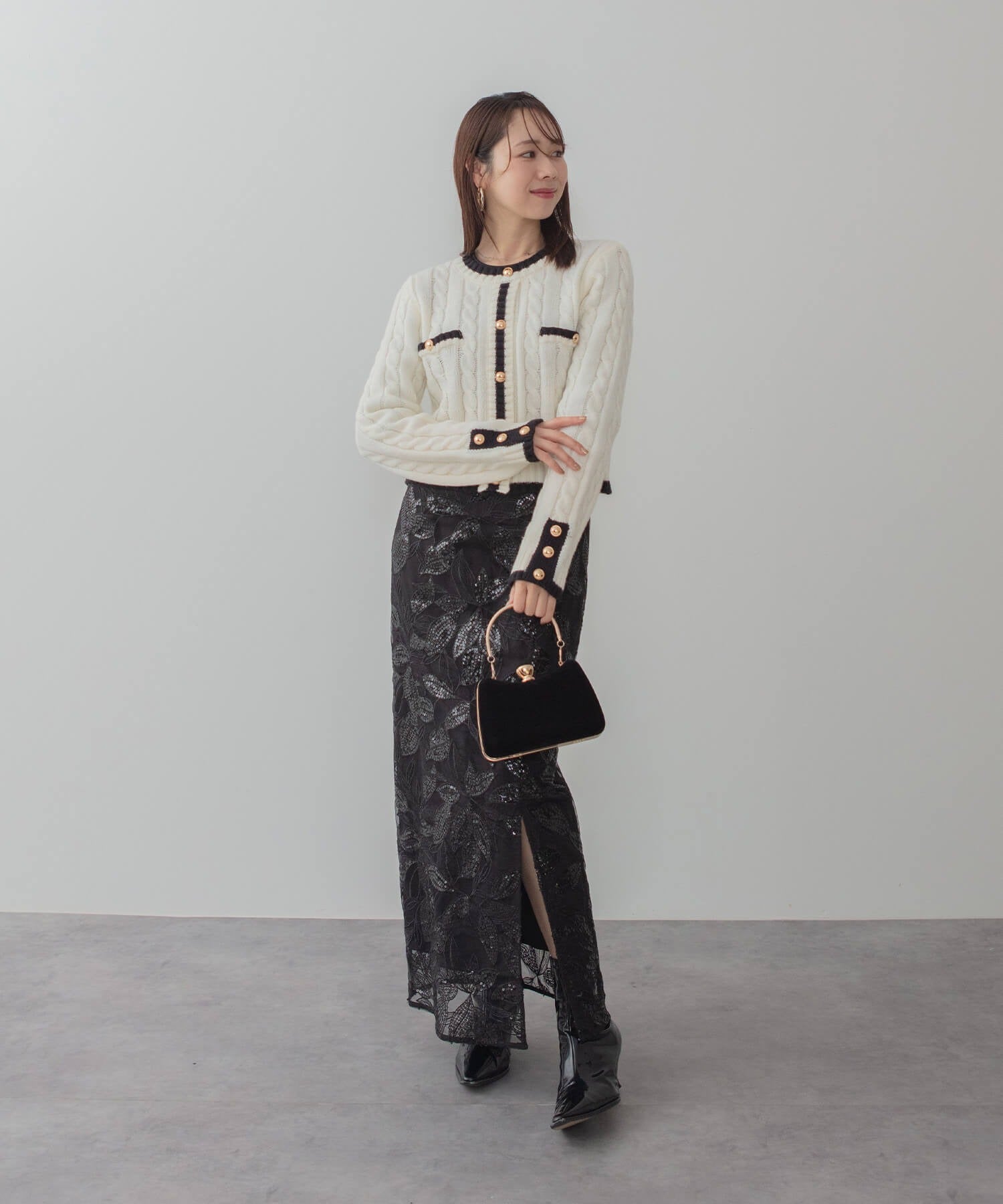 【当日発送】リーフスパンコールチュールパフスリーブIラインワンピースドレス