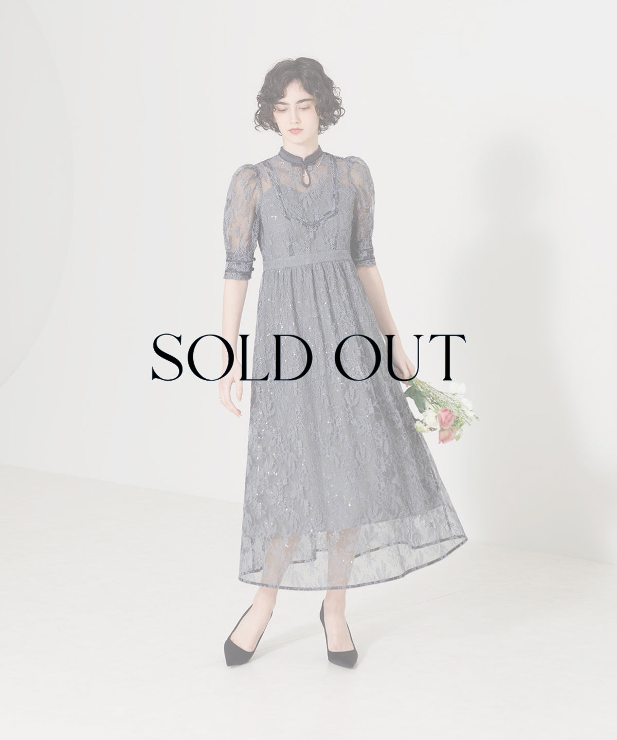 SOLDOUT】チャイナ風ボタン花柄レースパフスリーブAラインワンピースドレス