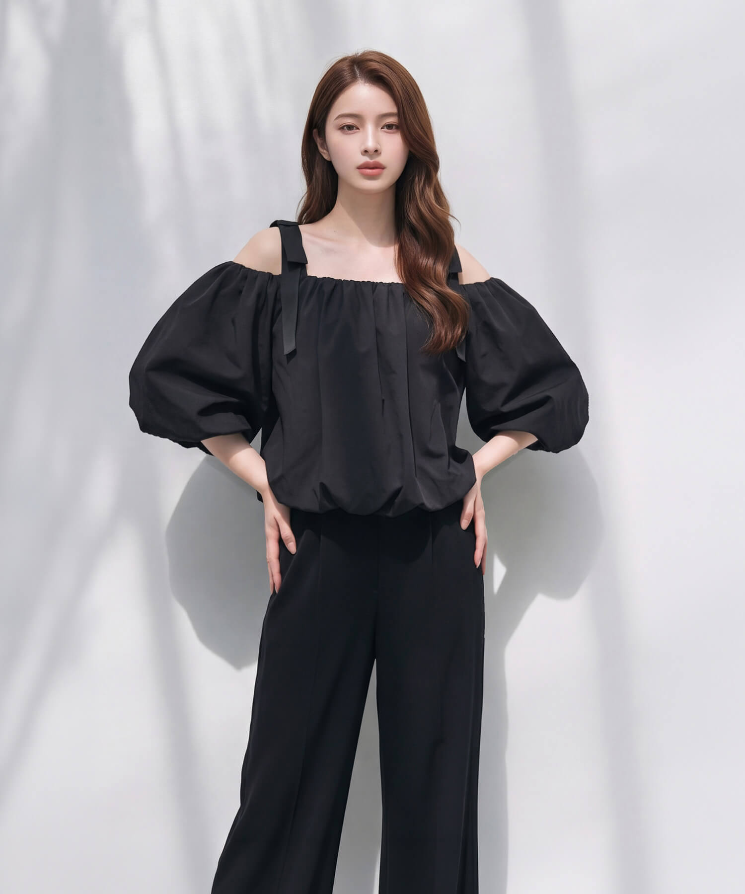 【COMING SOON】2WAYショルダーリボンバルーンオフショルトップス