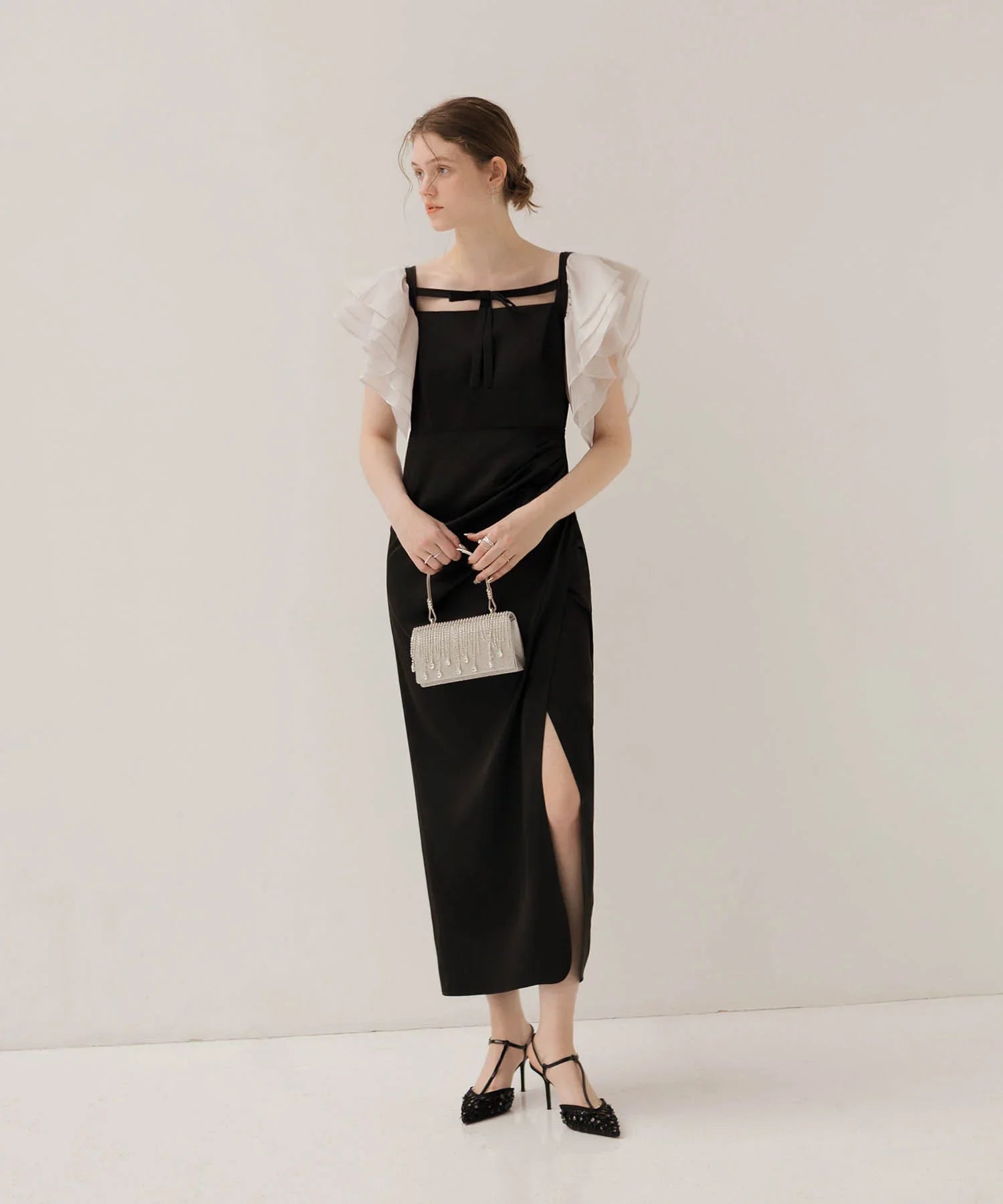 【当日発送】グラスオーガンジーフリルスリーブフロントIラインワンピースドレス