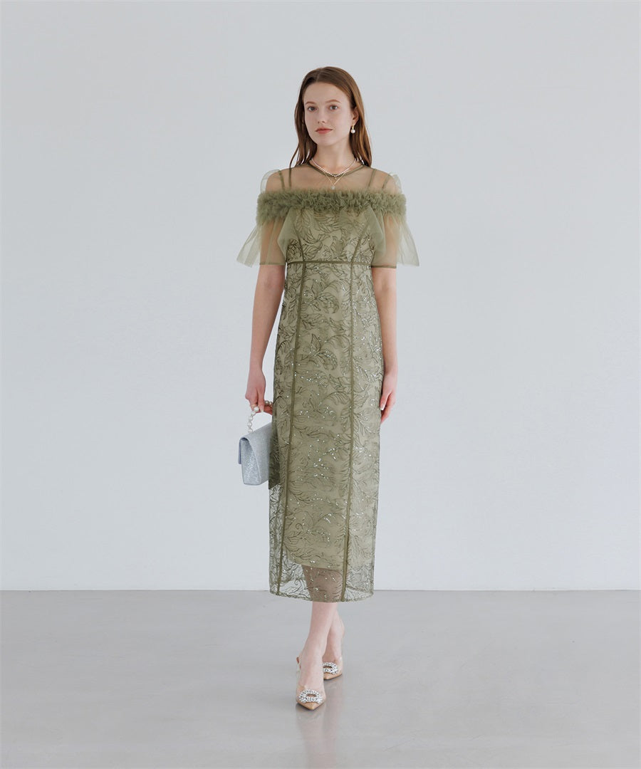 【当日発送】3WAYフラワーチュールアシンメトリーIラインワンピースドレス