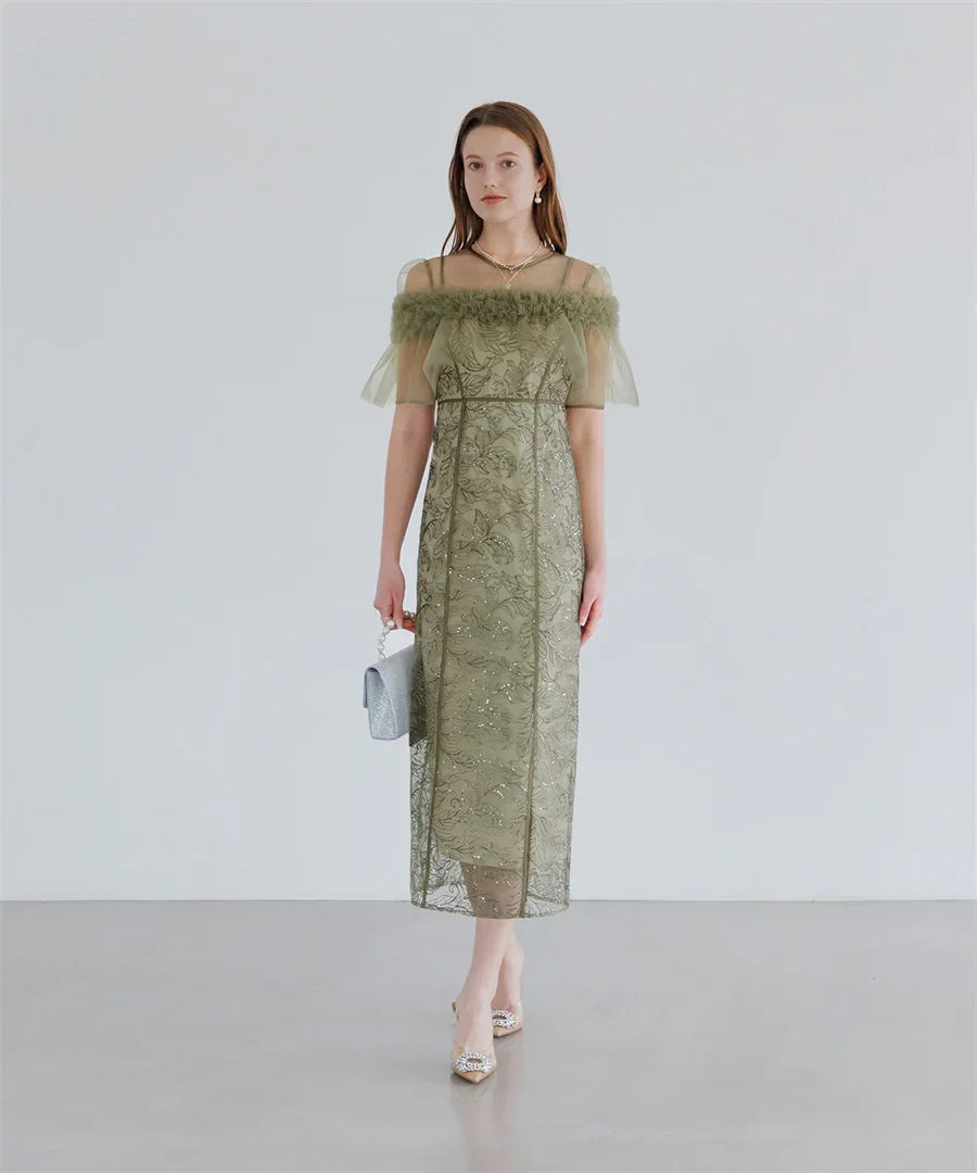 【当日発送】3WAYフラワーチュールアシンメトリーIラインワンピースドレス