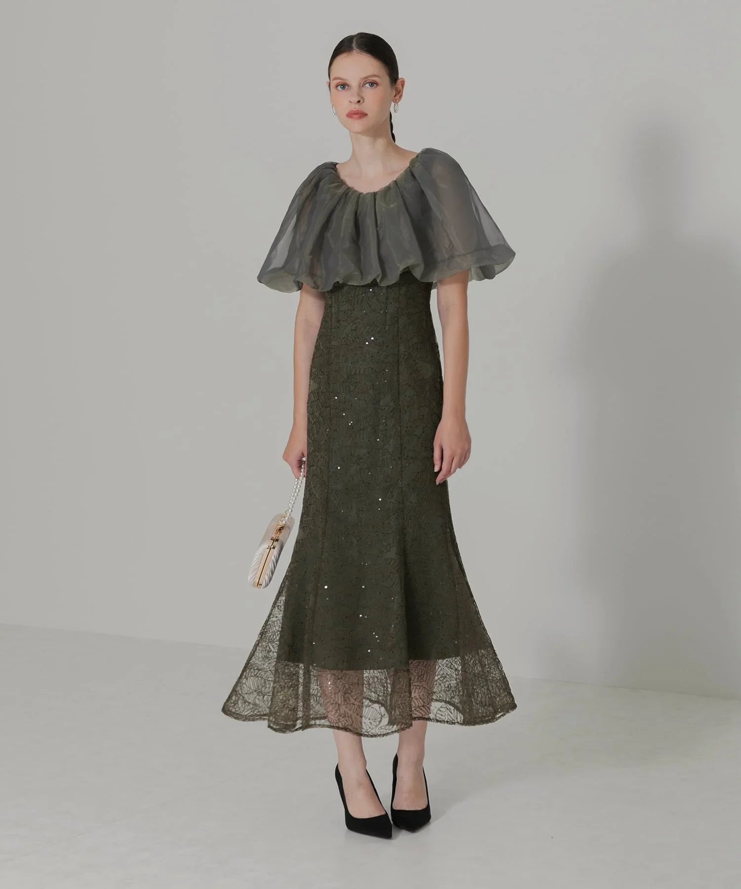 【当日発送】2WAYオフショルダーパフスリーブマーメイドワンピースドレス