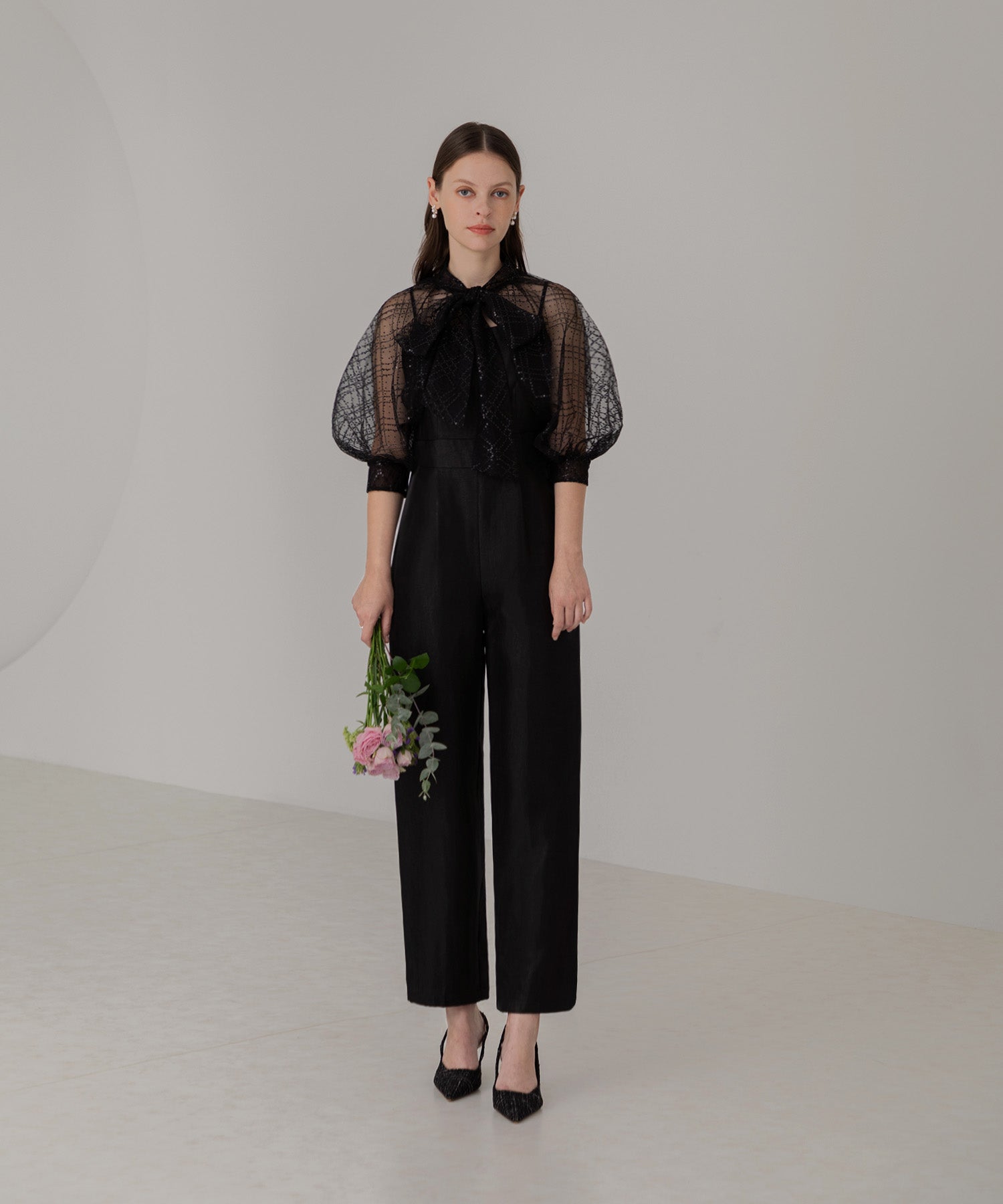 【当日発送】ドットスパンコールリボンボレロオールインワンパンツドレス