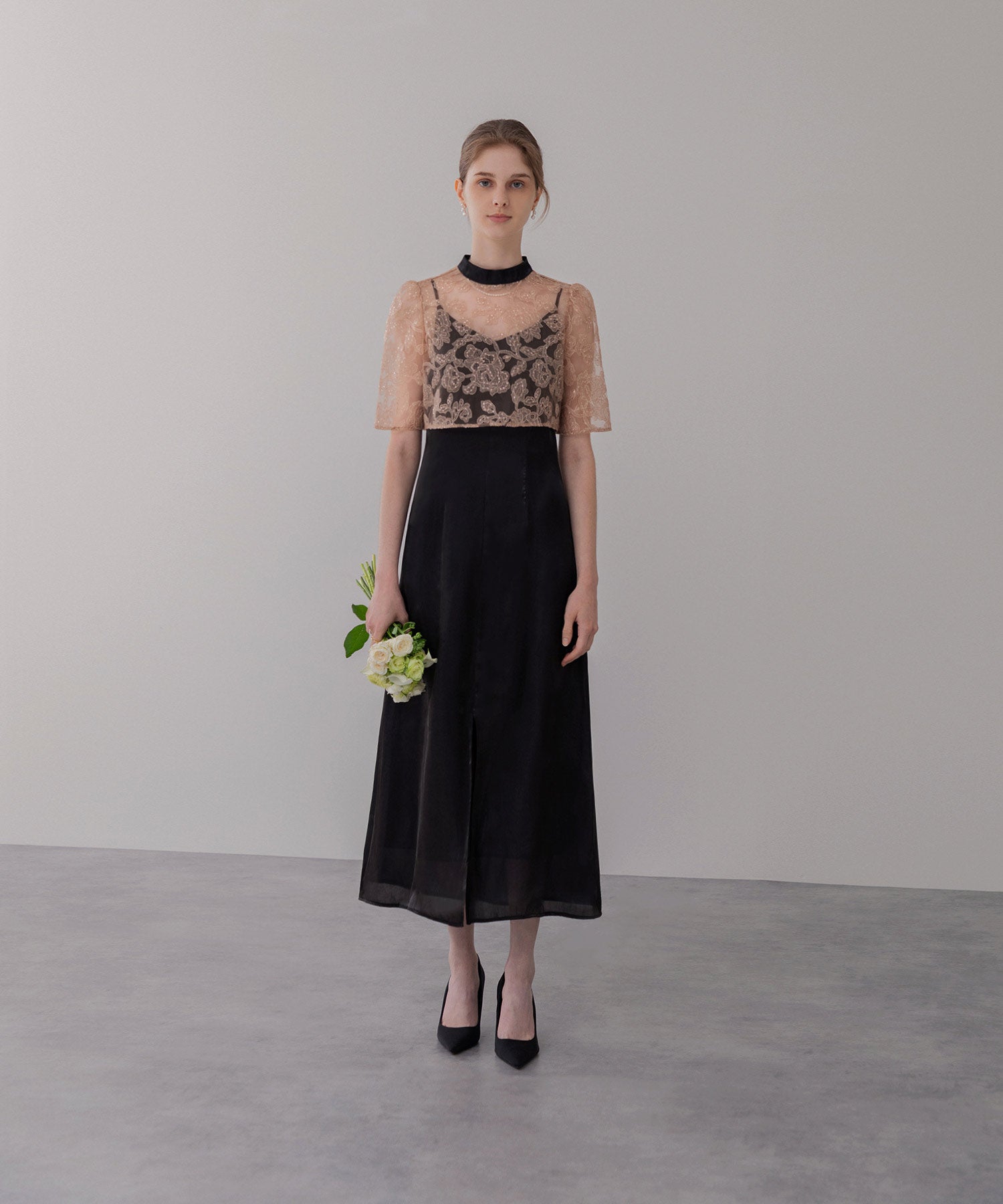 当日発送】スパンコール花柄フロントスリットAラインドレス