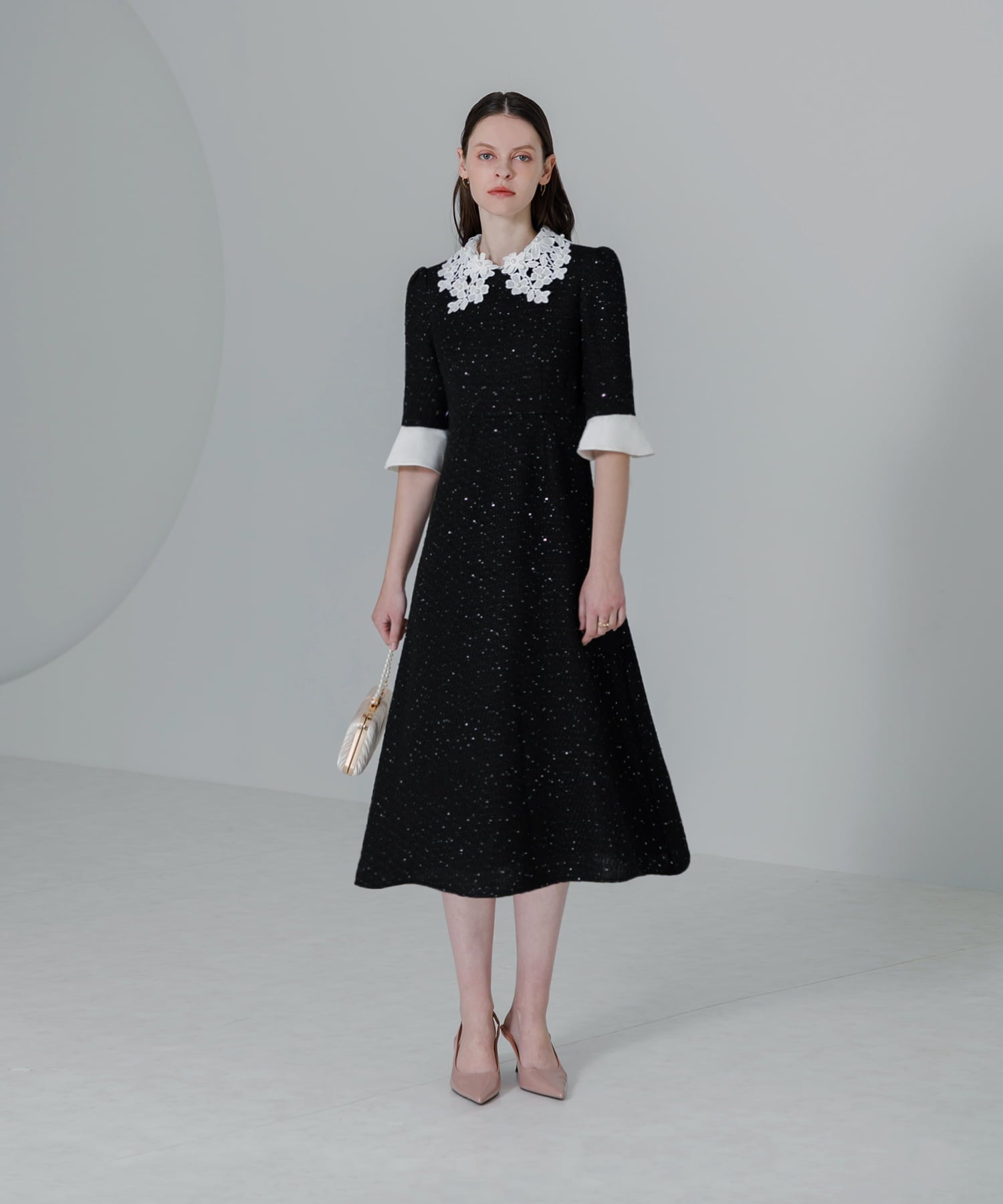 【当日発送】花柄レースカラースパンコールAラインワンピースドレス