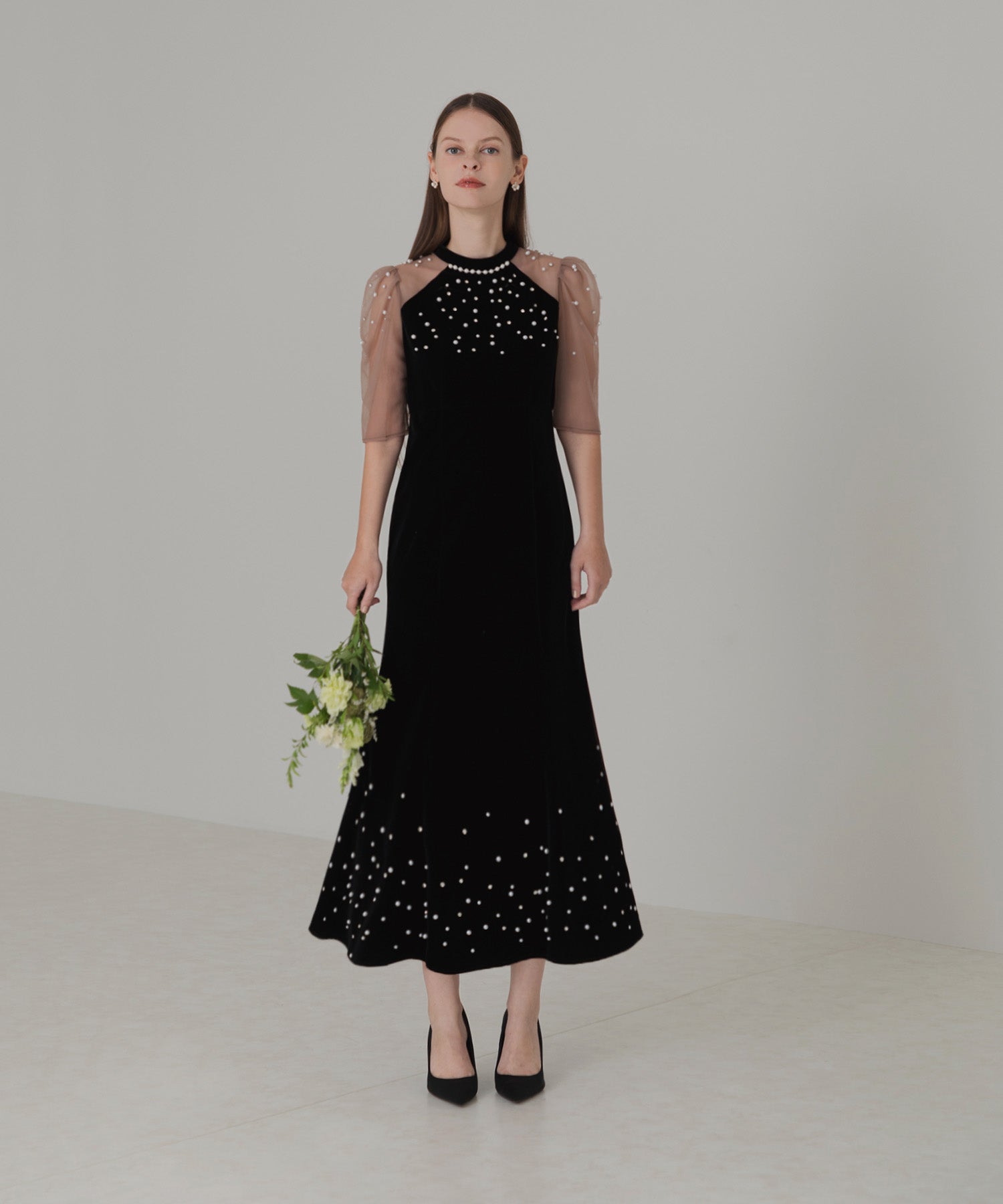 【当日発送】シアースリーブパールビジューベロアマーメイドワンピースドレス