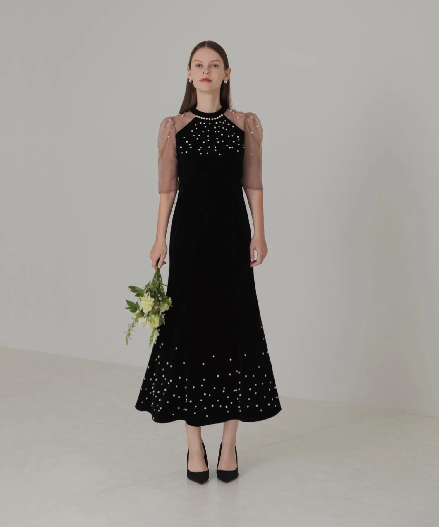 【当日発送】シアースリーブパールビジューベロアマーメイドワンピースドレス