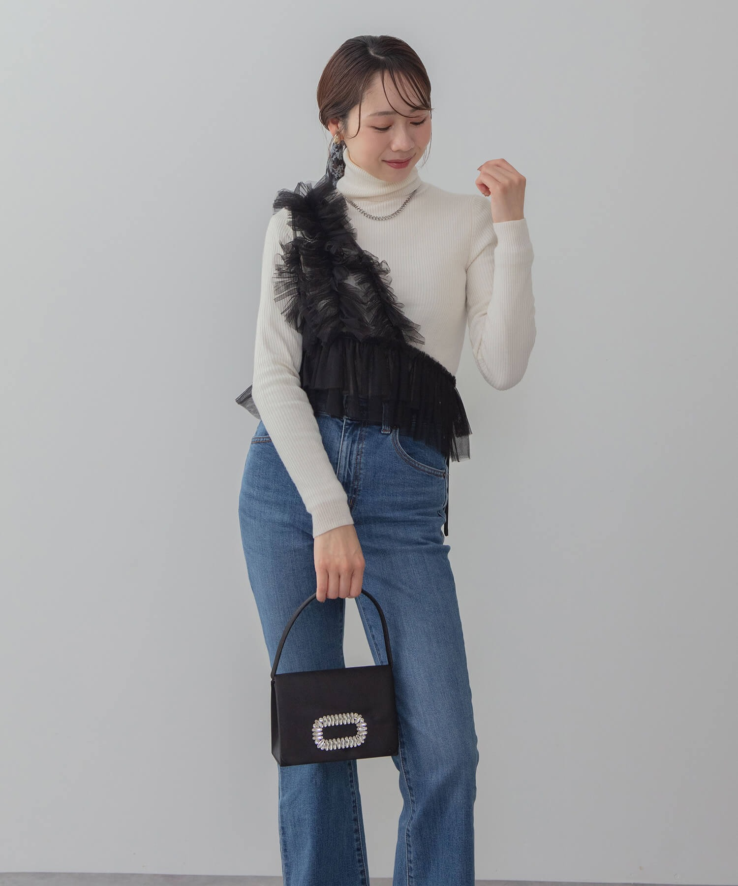 【当日発送】アシンメトリーフリルチュールIラインワンピースドレス