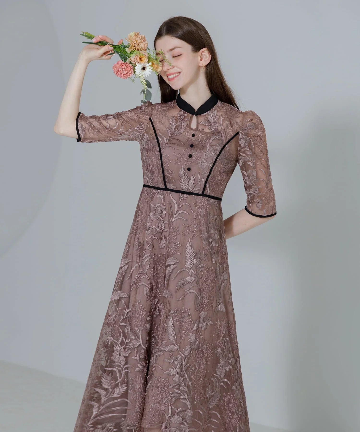 【当日発送】花柄チュールパフスリーブワンピースドレス