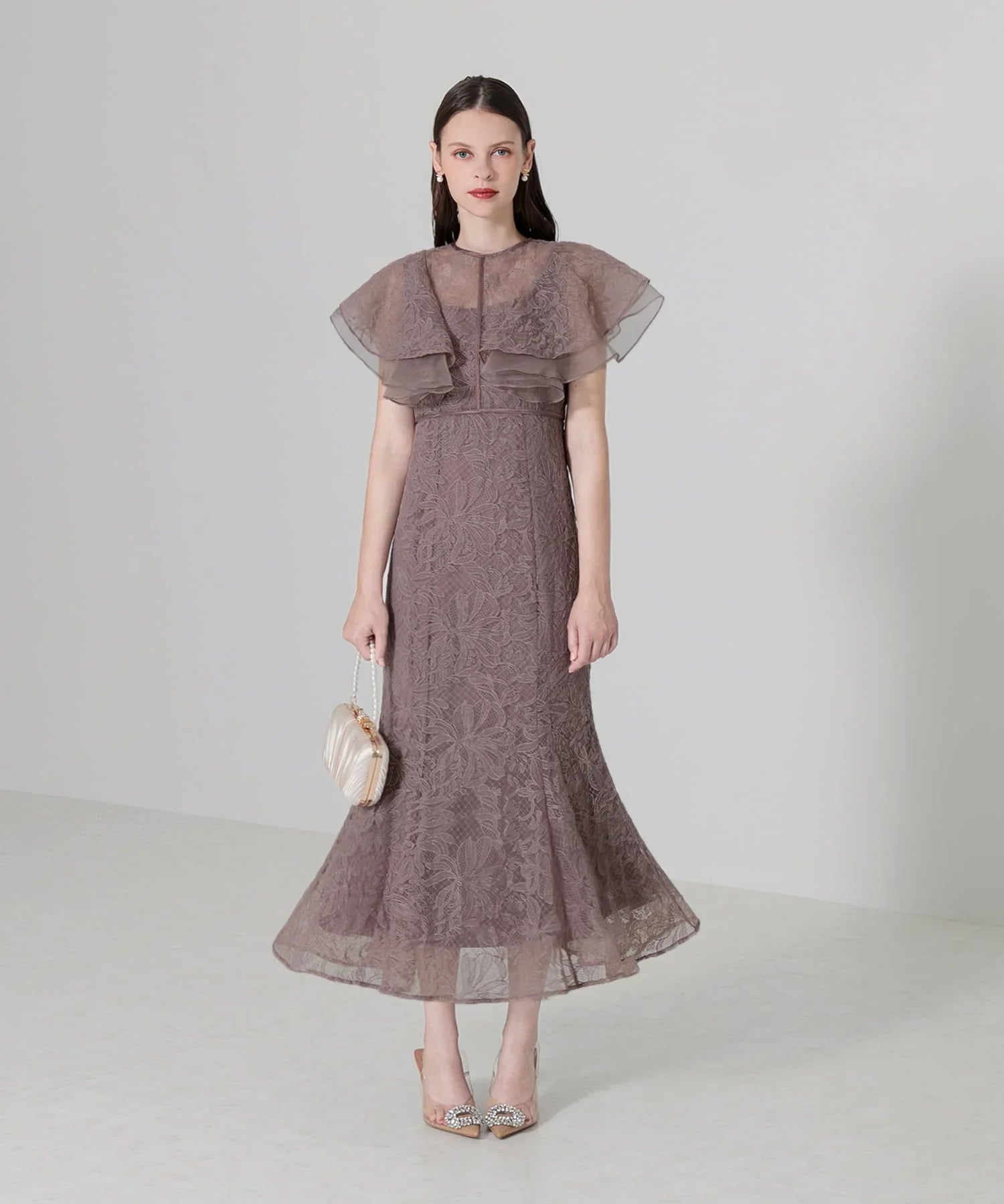 【当日発送】フリルシアーレース花柄マーメイドワンピースドレス