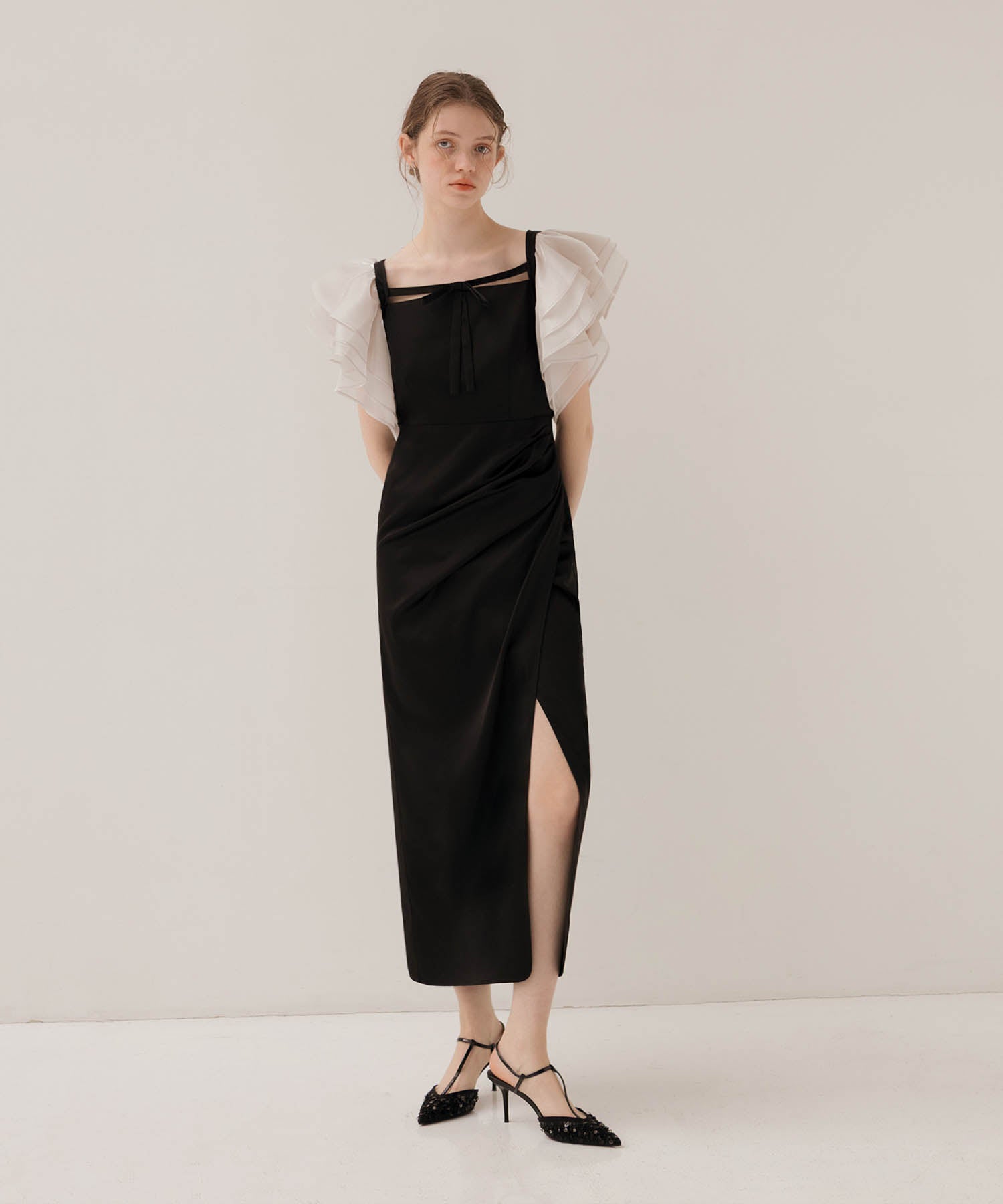 【当日発送】グラスオーガンジーフリルスリーブフロントIラインワンピースドレス