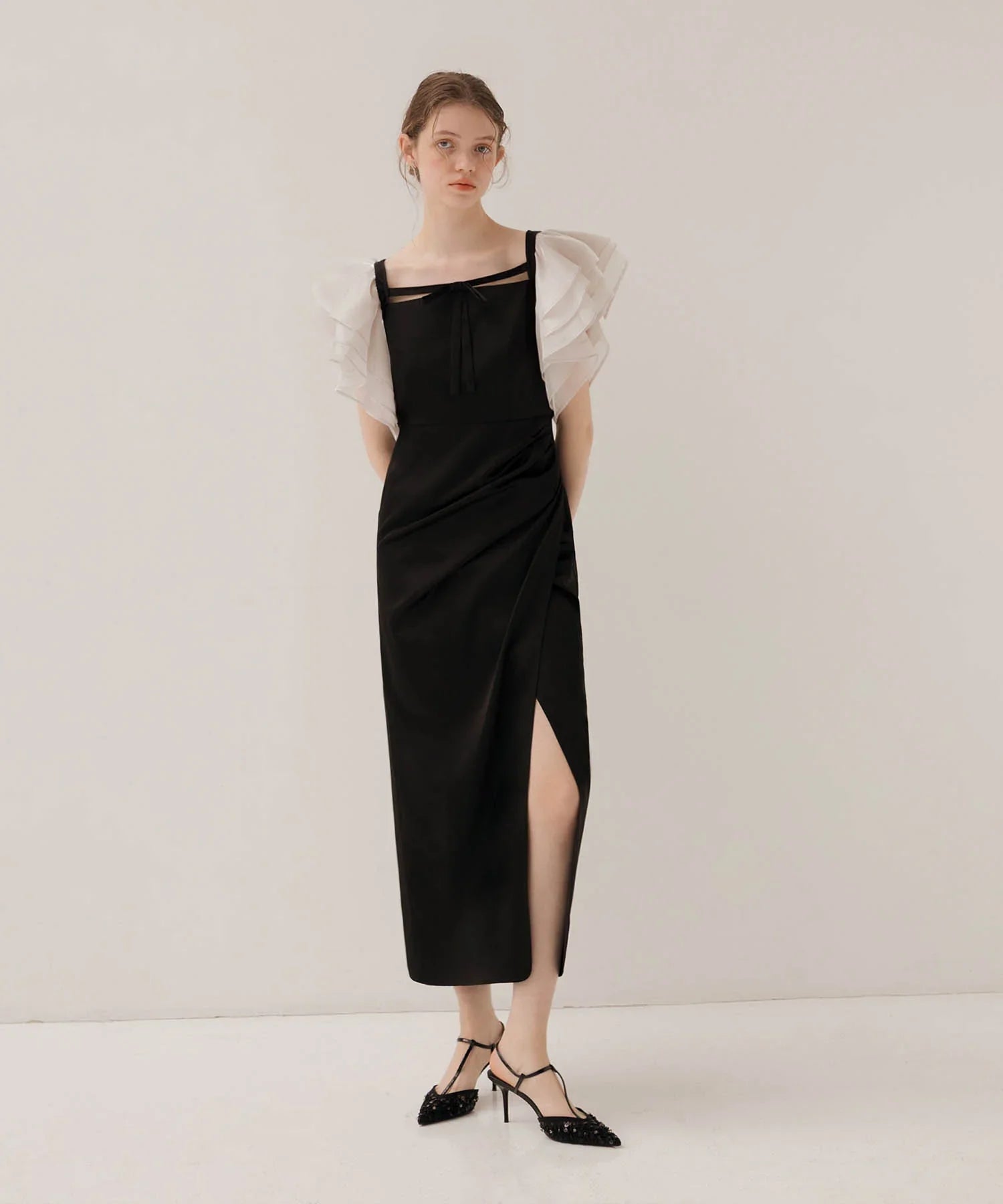 【当日発送】グラスオーガンジーフリルスリーブフロントIラインワンピースドレス