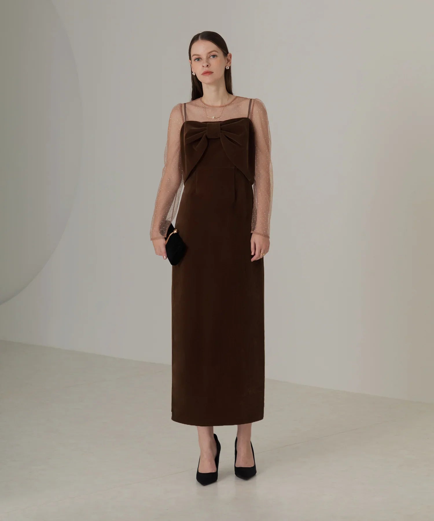 【当日発送】2WAYリボンビスチェドットストーンベロアワンピースドレス