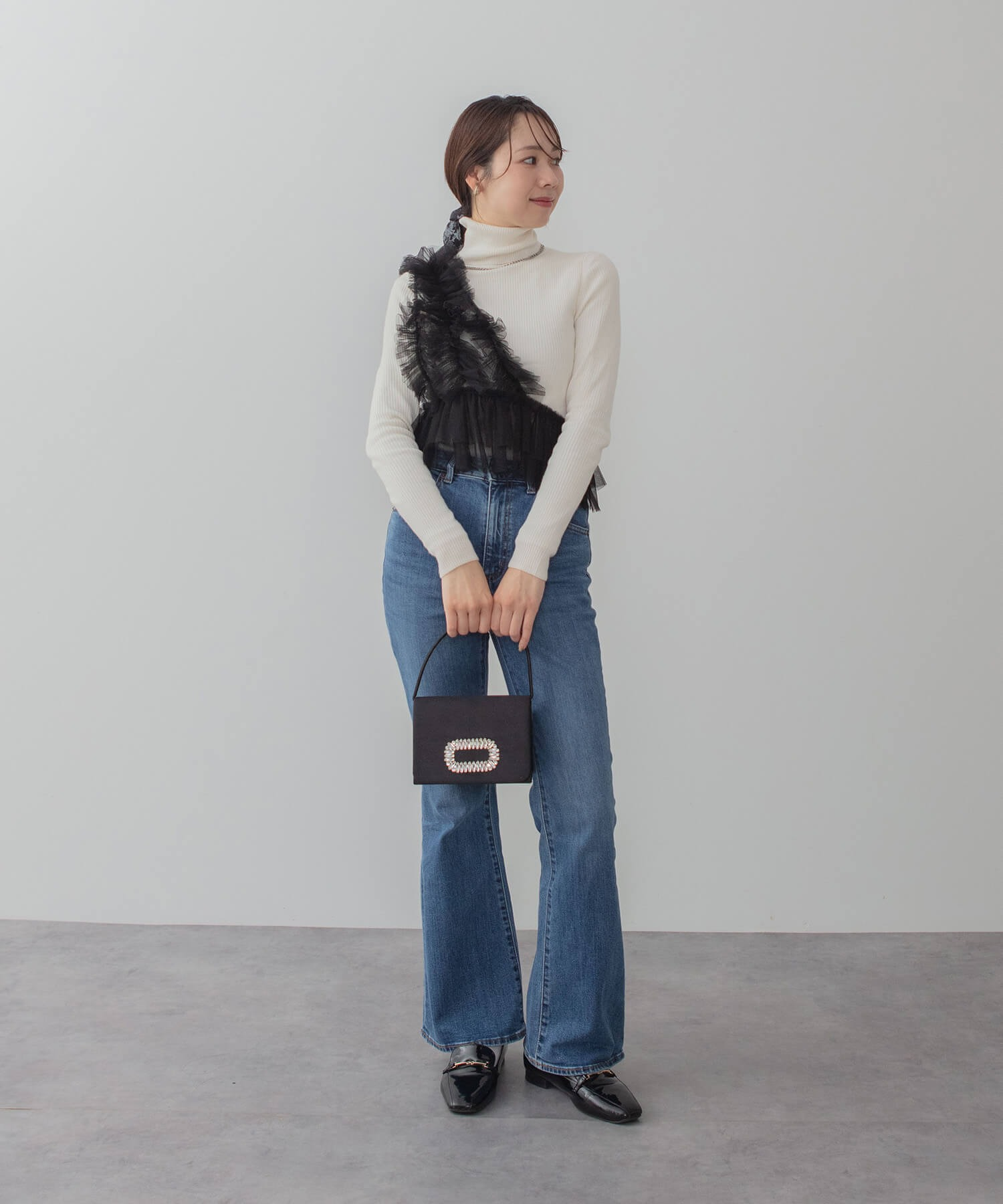 【当日発送】アシンメトリーフリルチュールIラインワンピースドレス