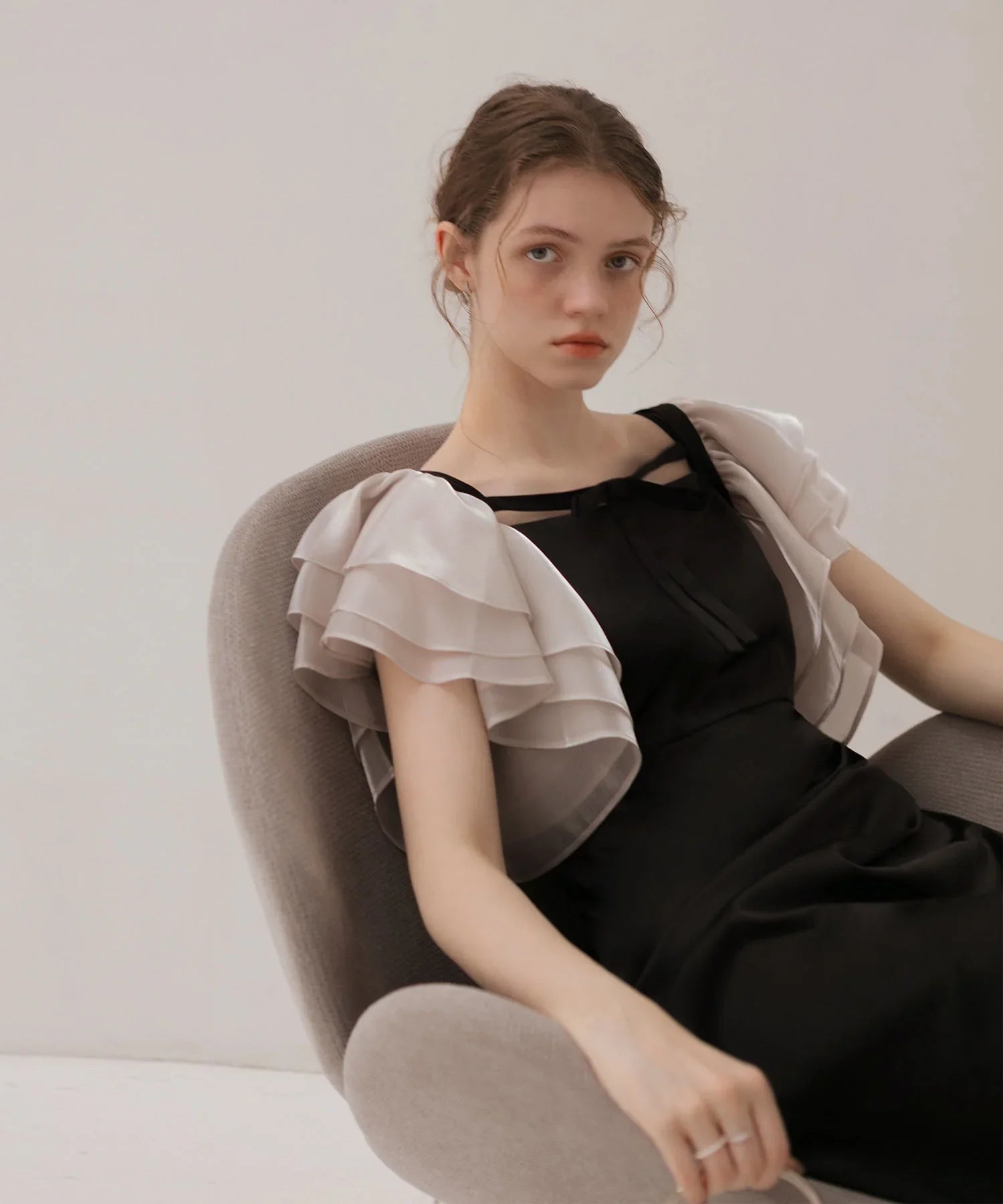 【当日発送】グラスオーガンジーフリルスリーブフロントIラインワンピースドレス