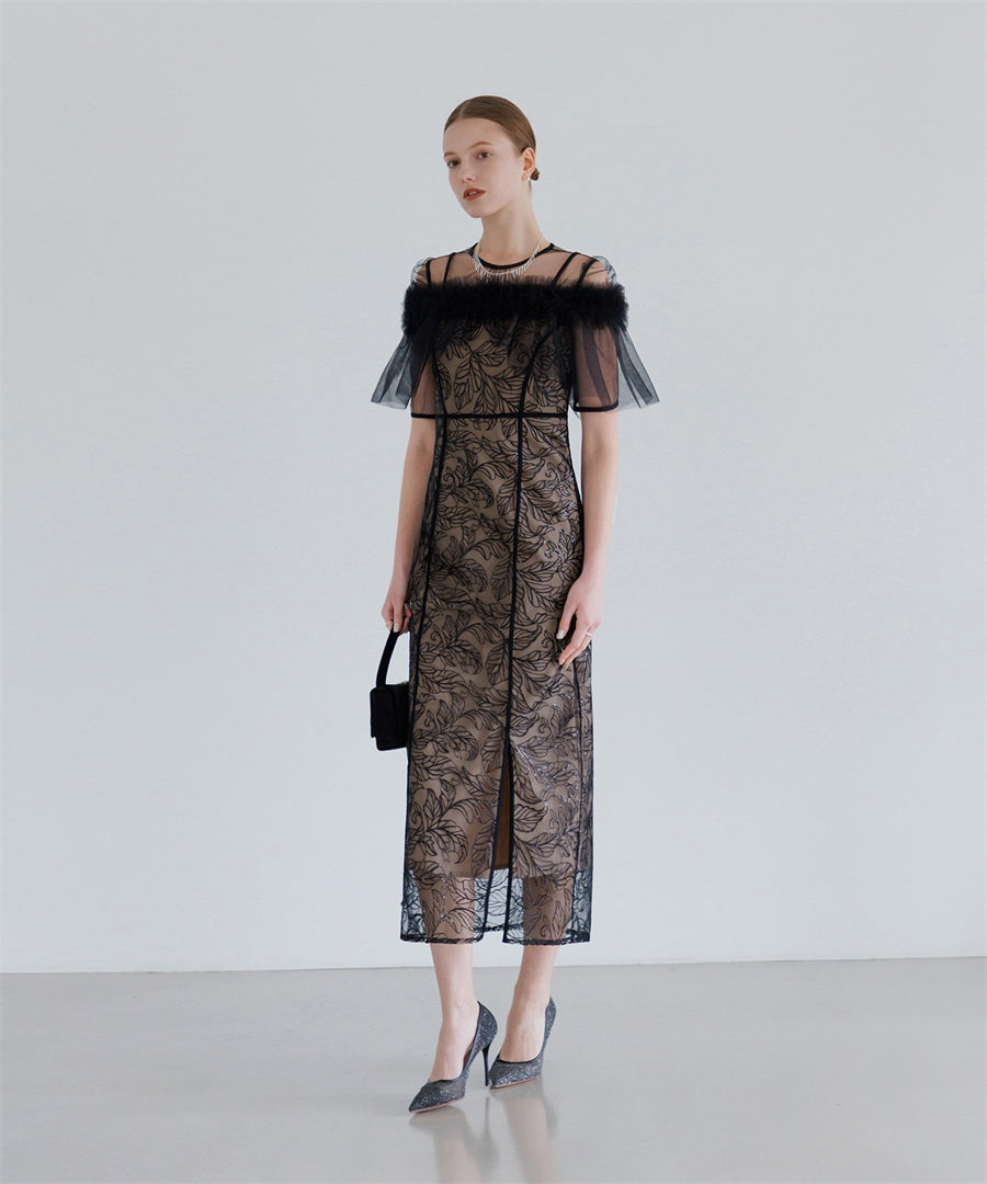 【当日発送】3WAYフラワーチュールアシンメトリーIラインワンピースドレス