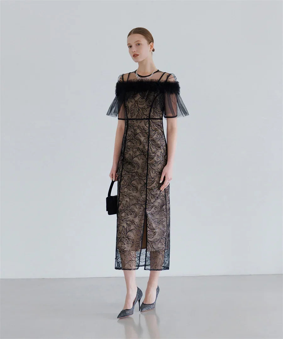 【当日発送】3WAYフラワーチュールアシンメトリーIラインワンピースドレス