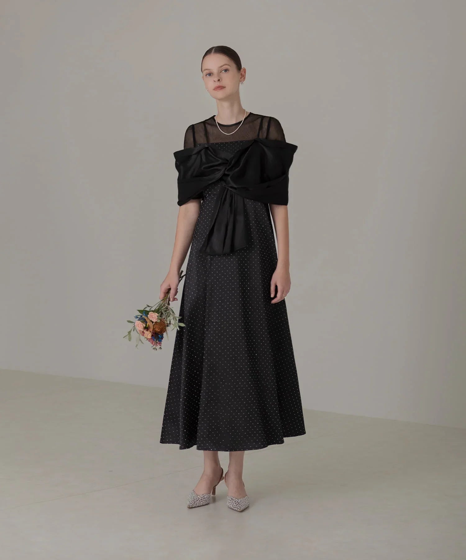 【SOLD OUT】2WAYリボンボレロドットストーンワンピースドレス