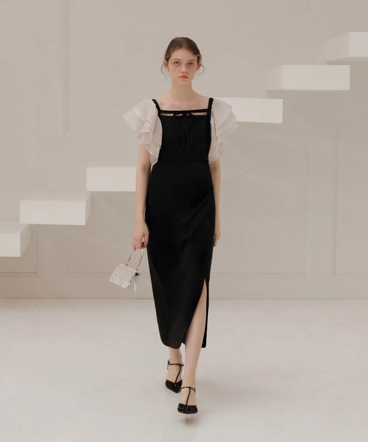 【当日発送】グラスオーガンジーフリルスリーブフロントIラインワンピースドレス