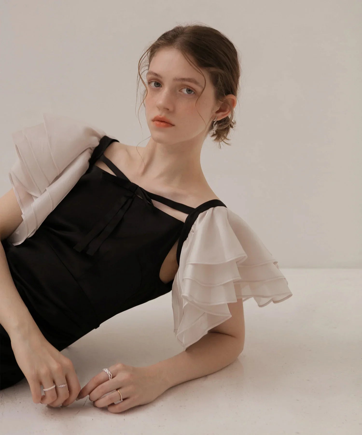 【当日発送】グラスオーガンジーフリルスリーブフロントIラインワンピースドレス