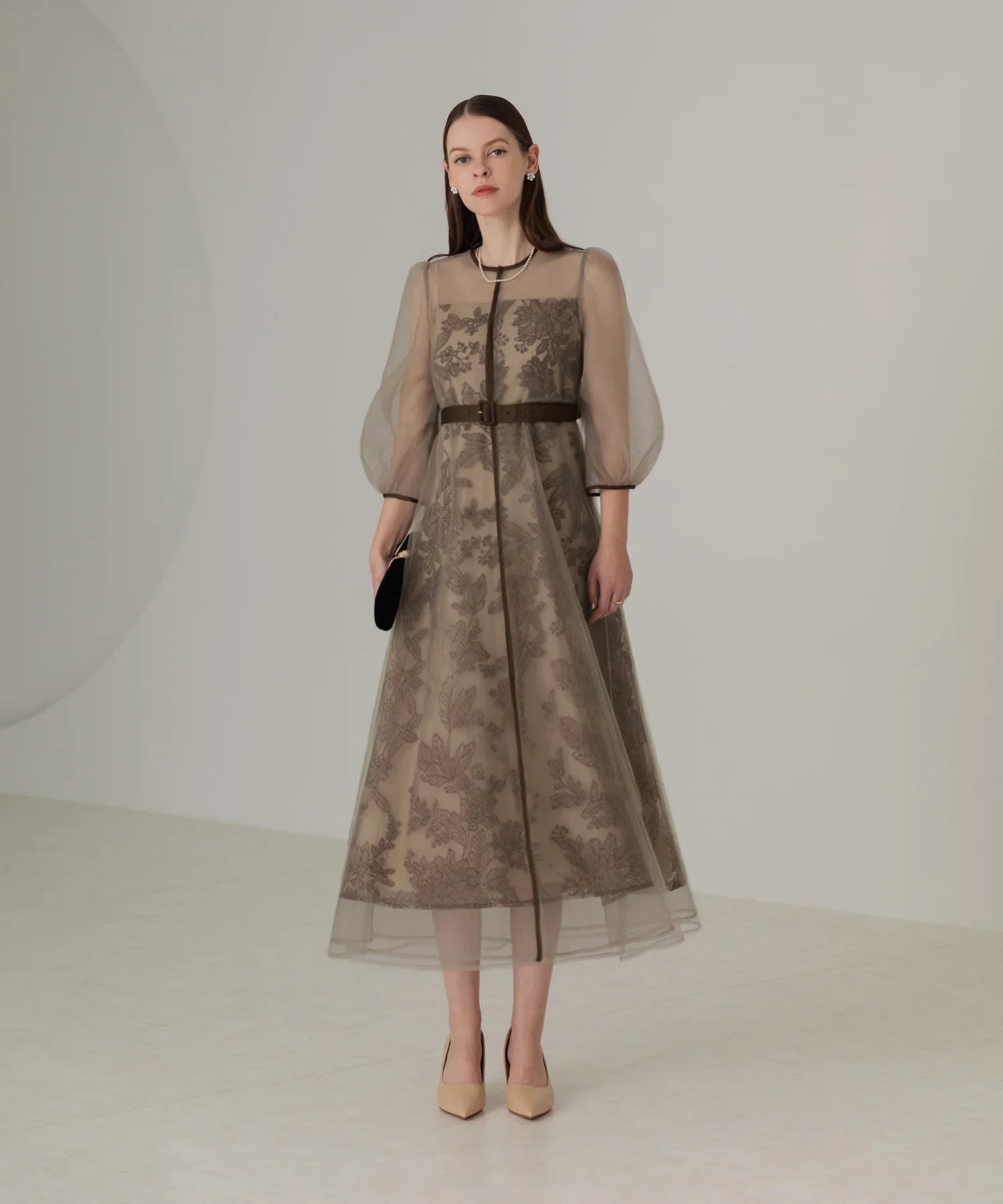 【当日発送】チュールパイピングリーフベルトAラインワンピースドレス